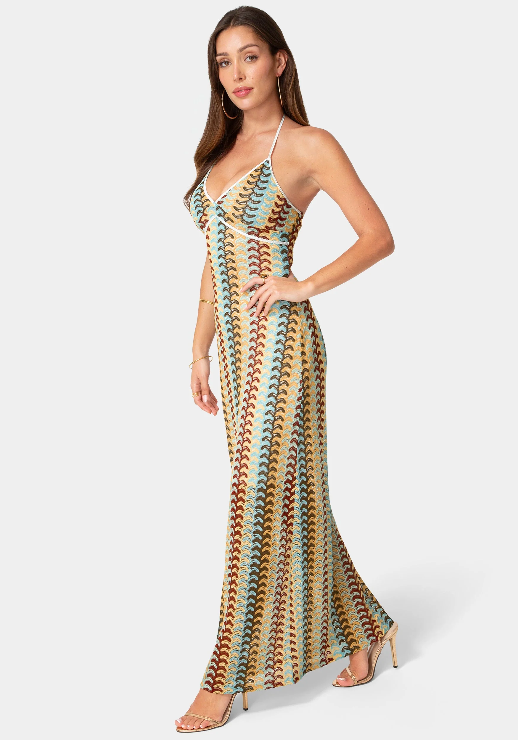 Crochet Stripe Halter A-Line Maxi Dress