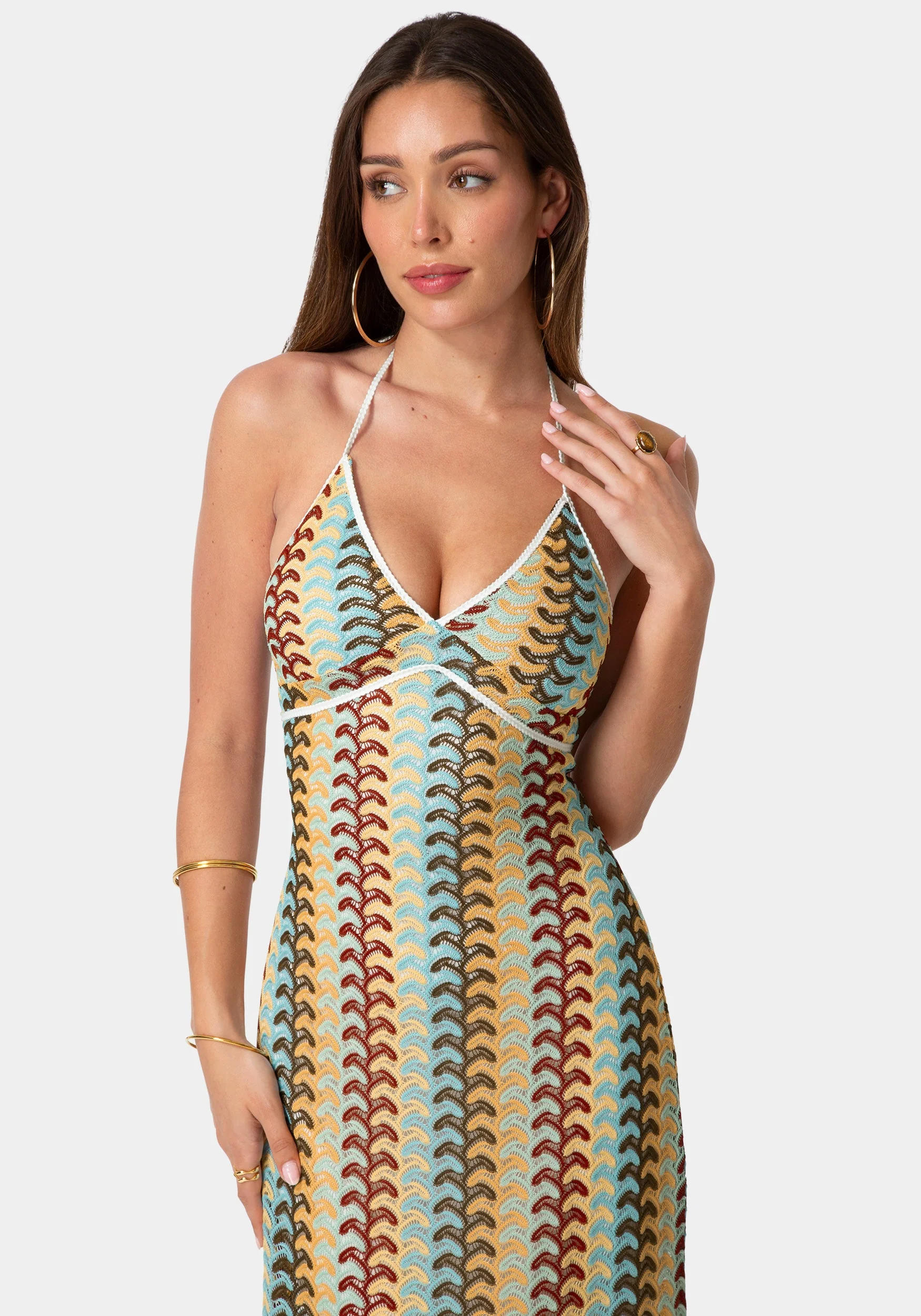 Crochet Stripe Halter A-Line Maxi Dress