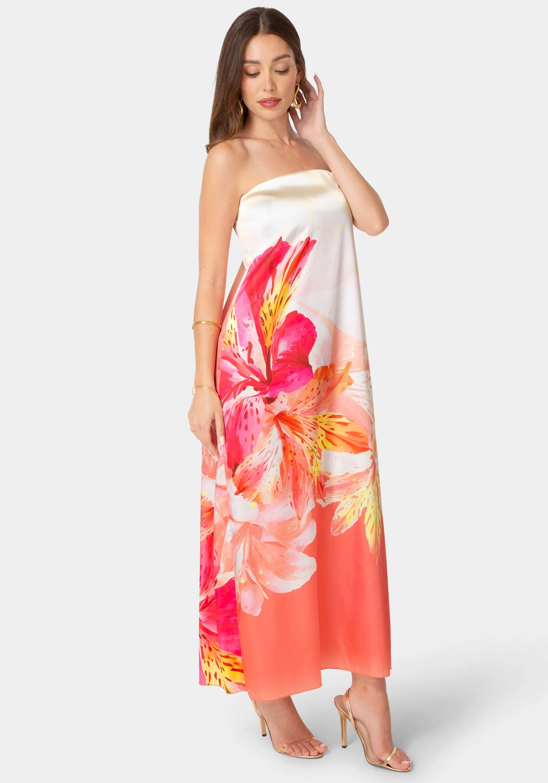 Printed Satin Strapless Maxi Dress