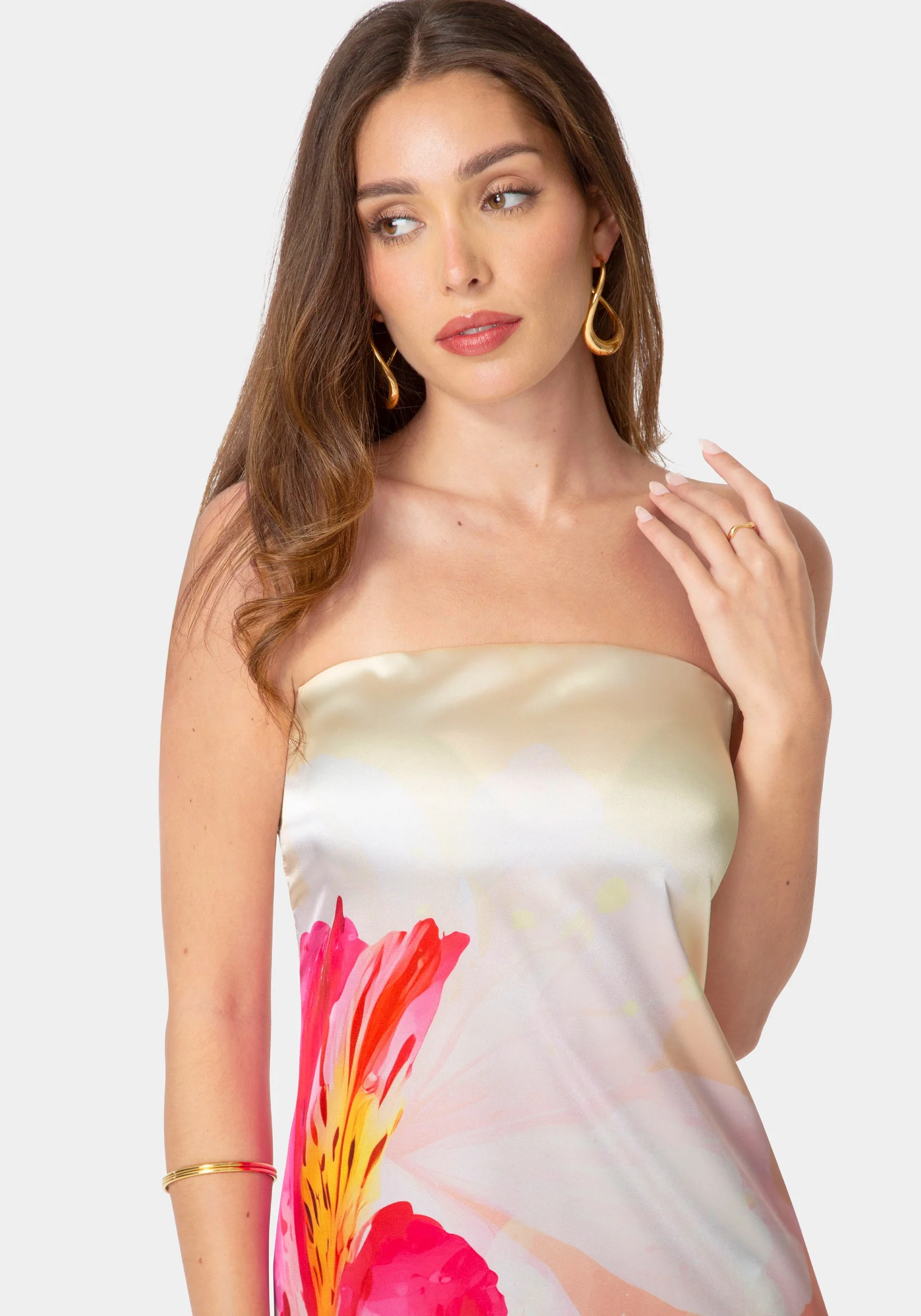 Printed Satin Strapless Maxi Dress