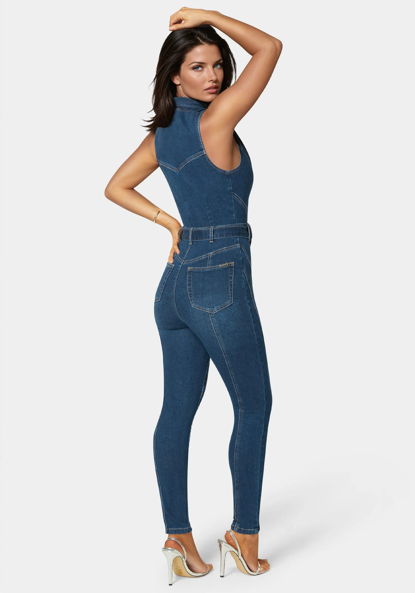 Belted Skinny Leg Denim Jumpsuit