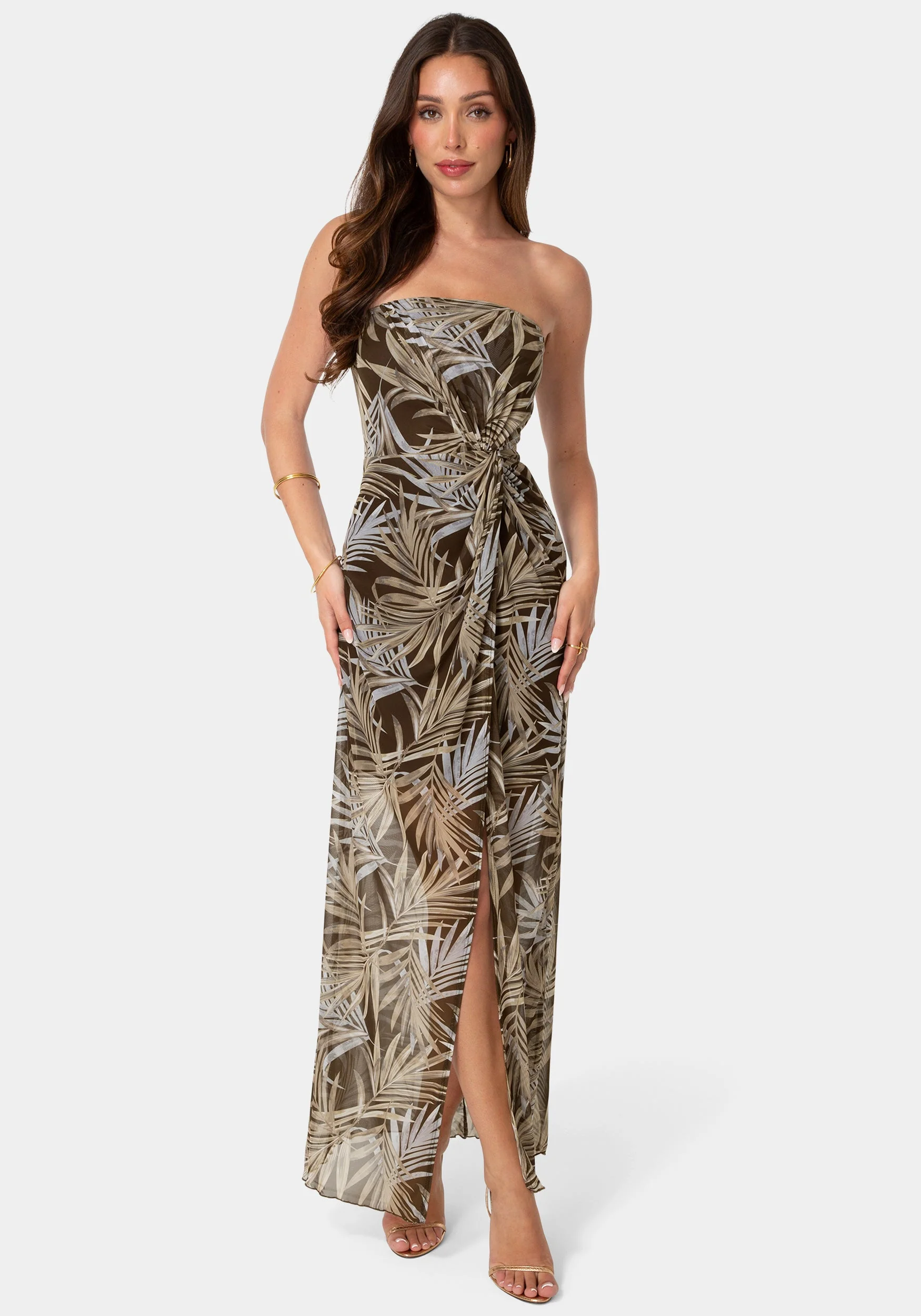 Printed Mesh Twist Waist Strapless Maxi Dress