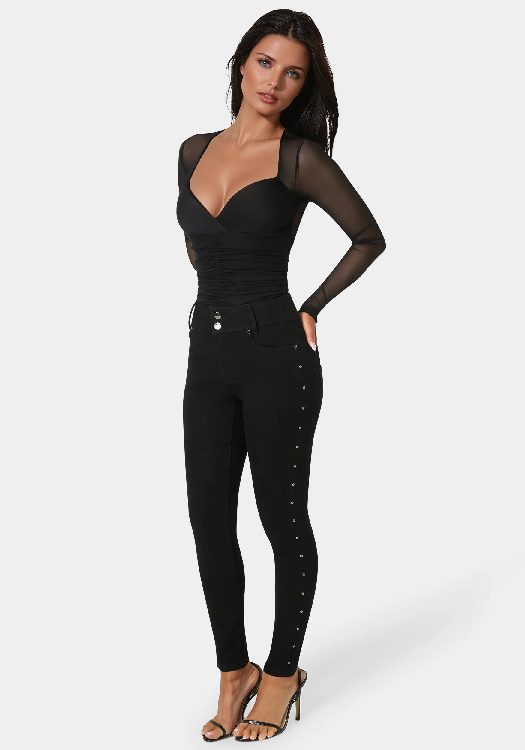 Natural Waist Studded Skinny Leg Jeans