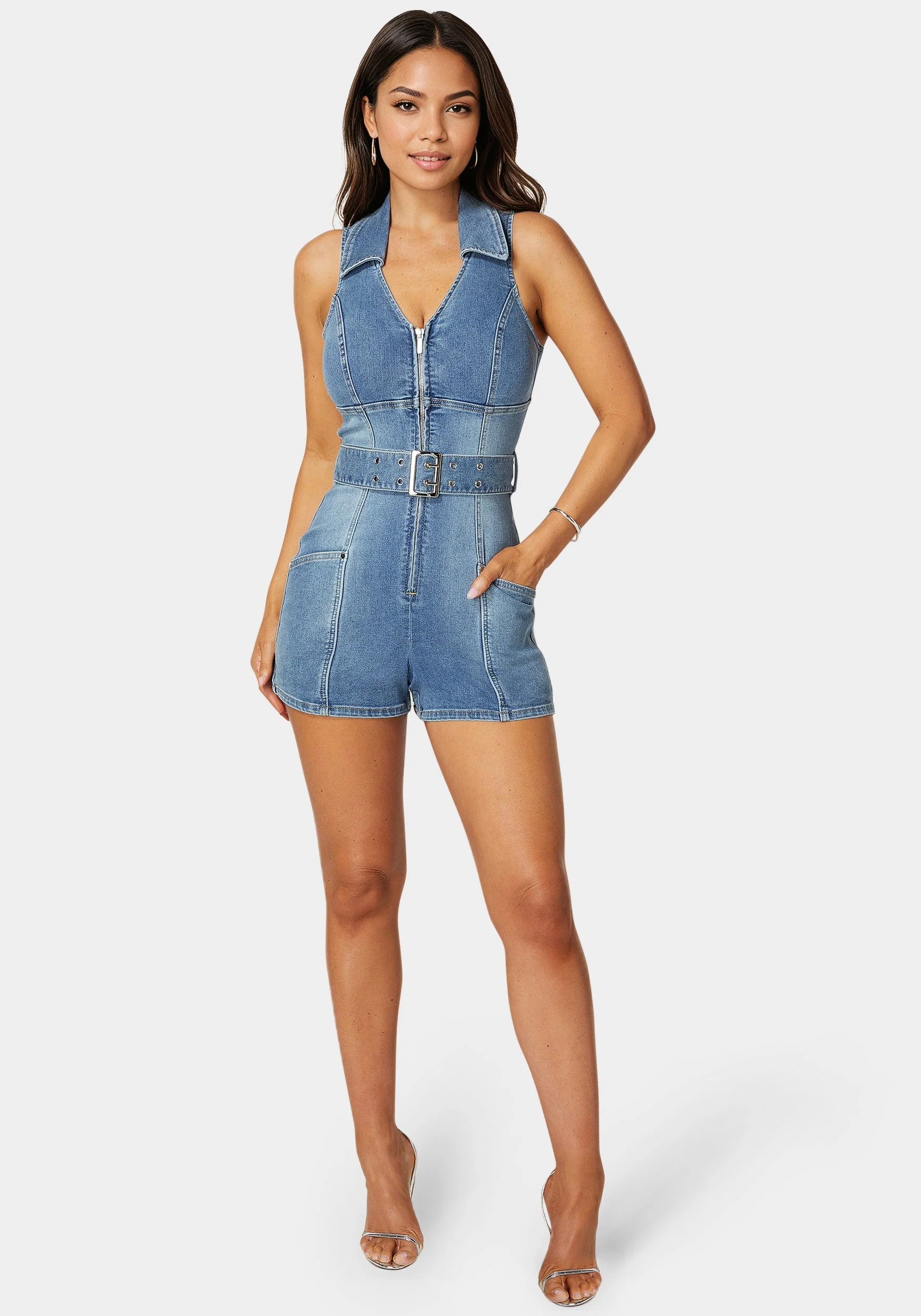 Light Weight Front Zipper Denim Romper