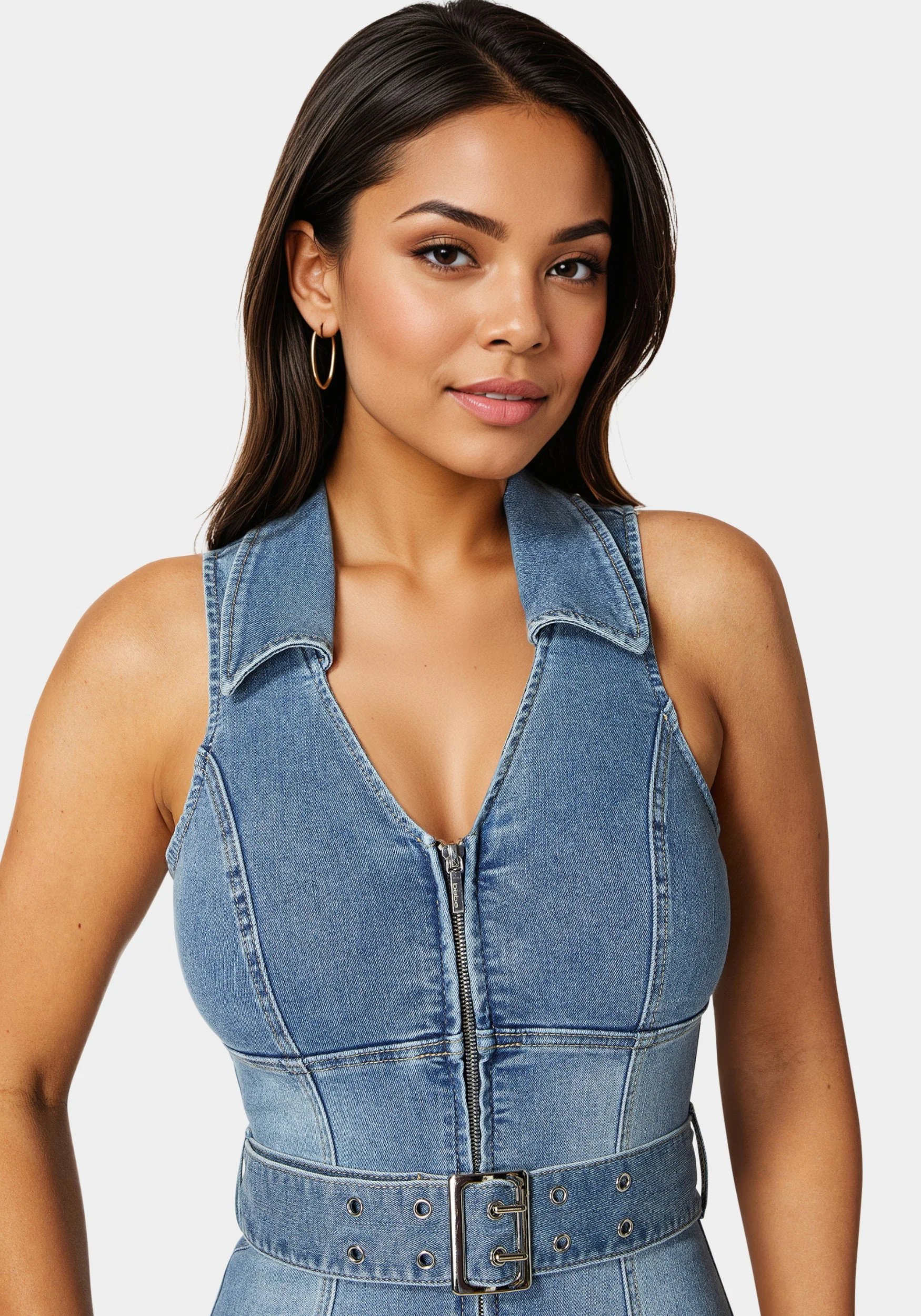 Light Weight Front Zipper Denim Romper
