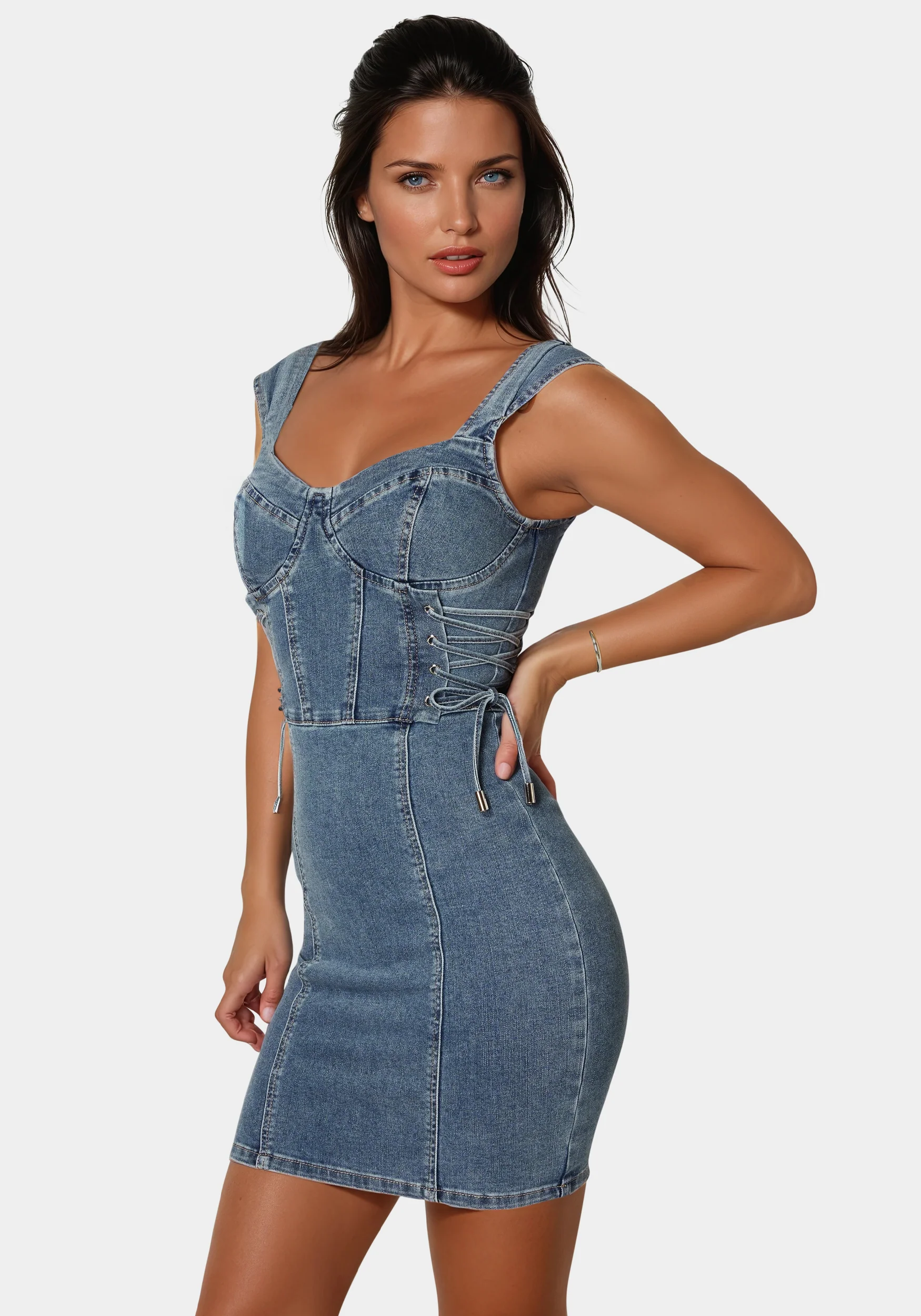 Lace Up Mini Denim Dress