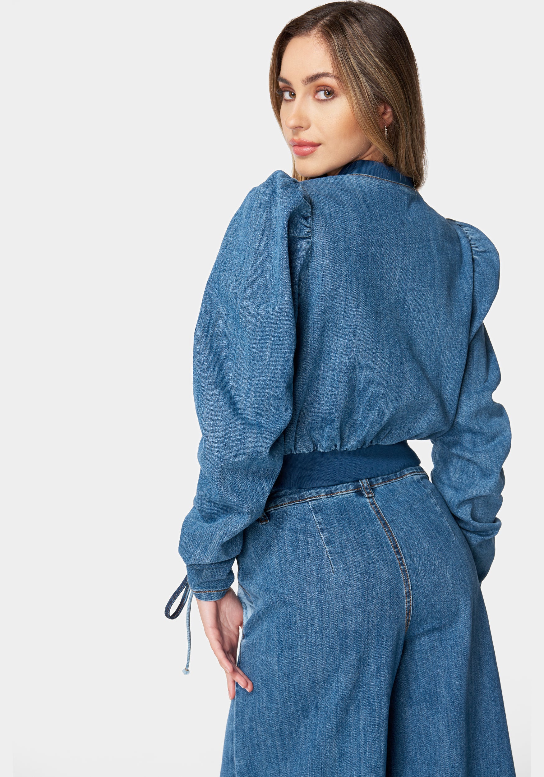 18727-zip-front-ruched-sleeves-denim-jacket-3.jpg Zip Front Ruched Sleeves Denim Jacket