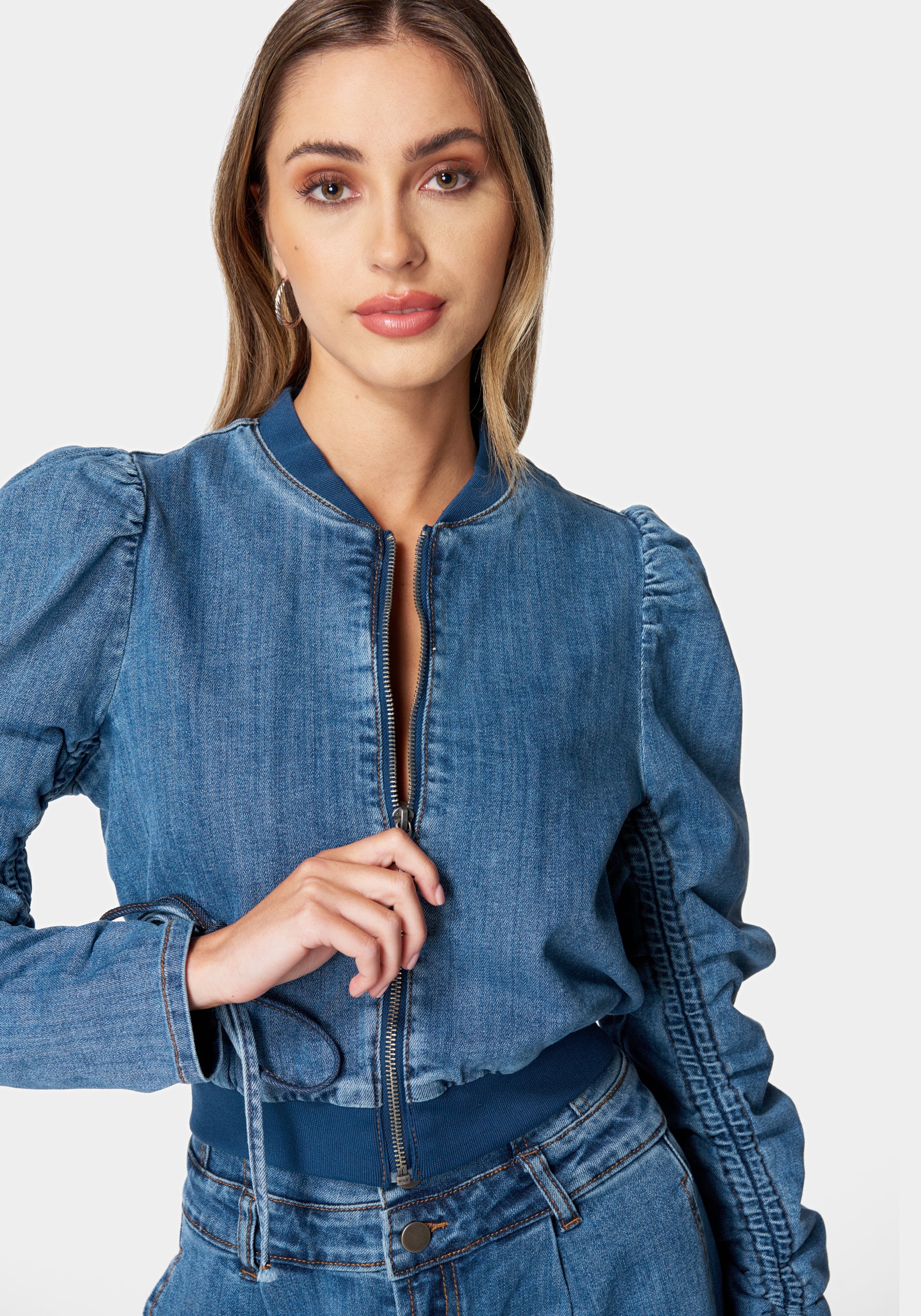 18727-zip-front-ruched-sleeves-denim-jacket-4.jpg Zip Front Ruched Sleeves Denim Jacket