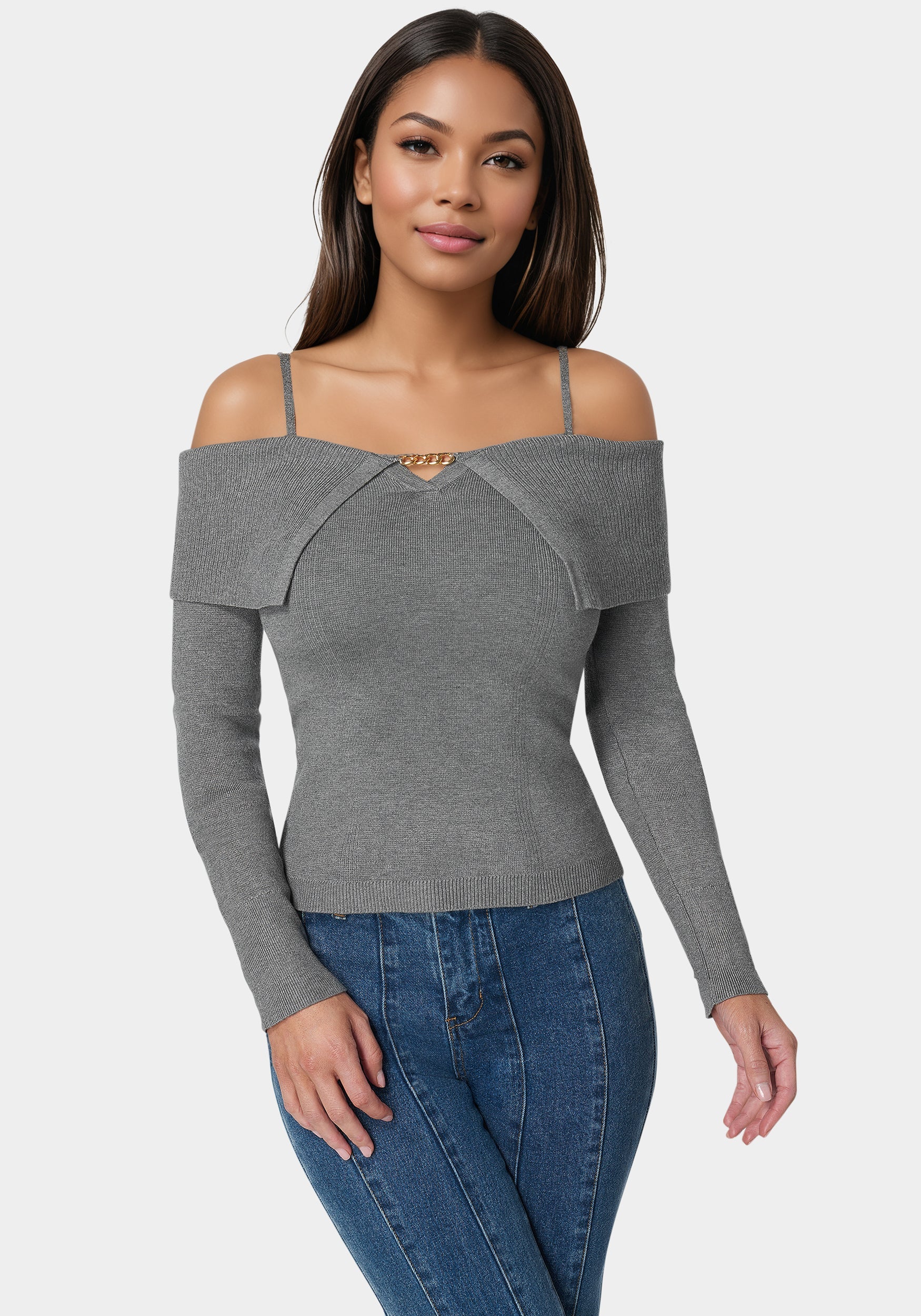 18997-off-shoulder-fold-over-chain-detail-sweater-1.jpg Off Shoulder Fold Over Chain Detail Sweater
