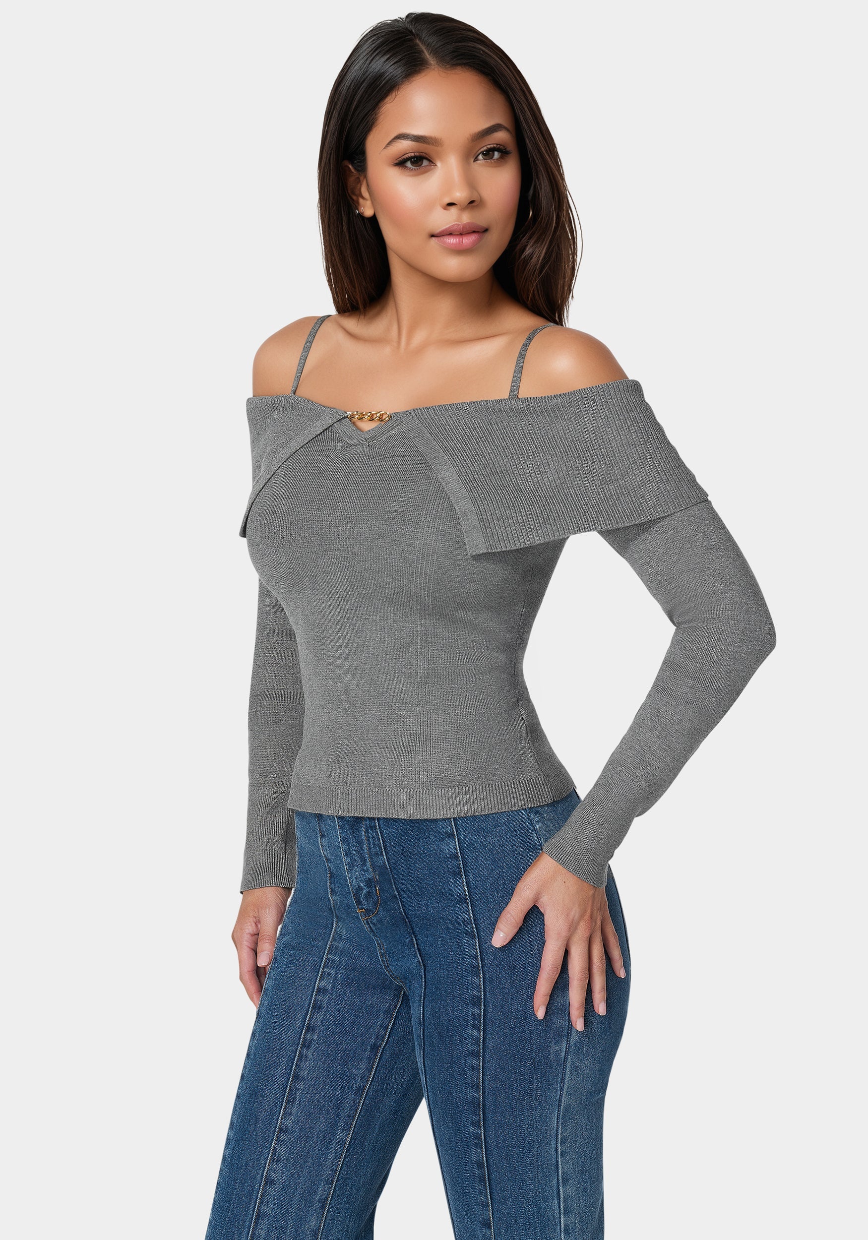 18997-off-shoulder-fold-over-chain-detail-sweater-2.jpg Off Shoulder Fold Over Chain Detail Sweater