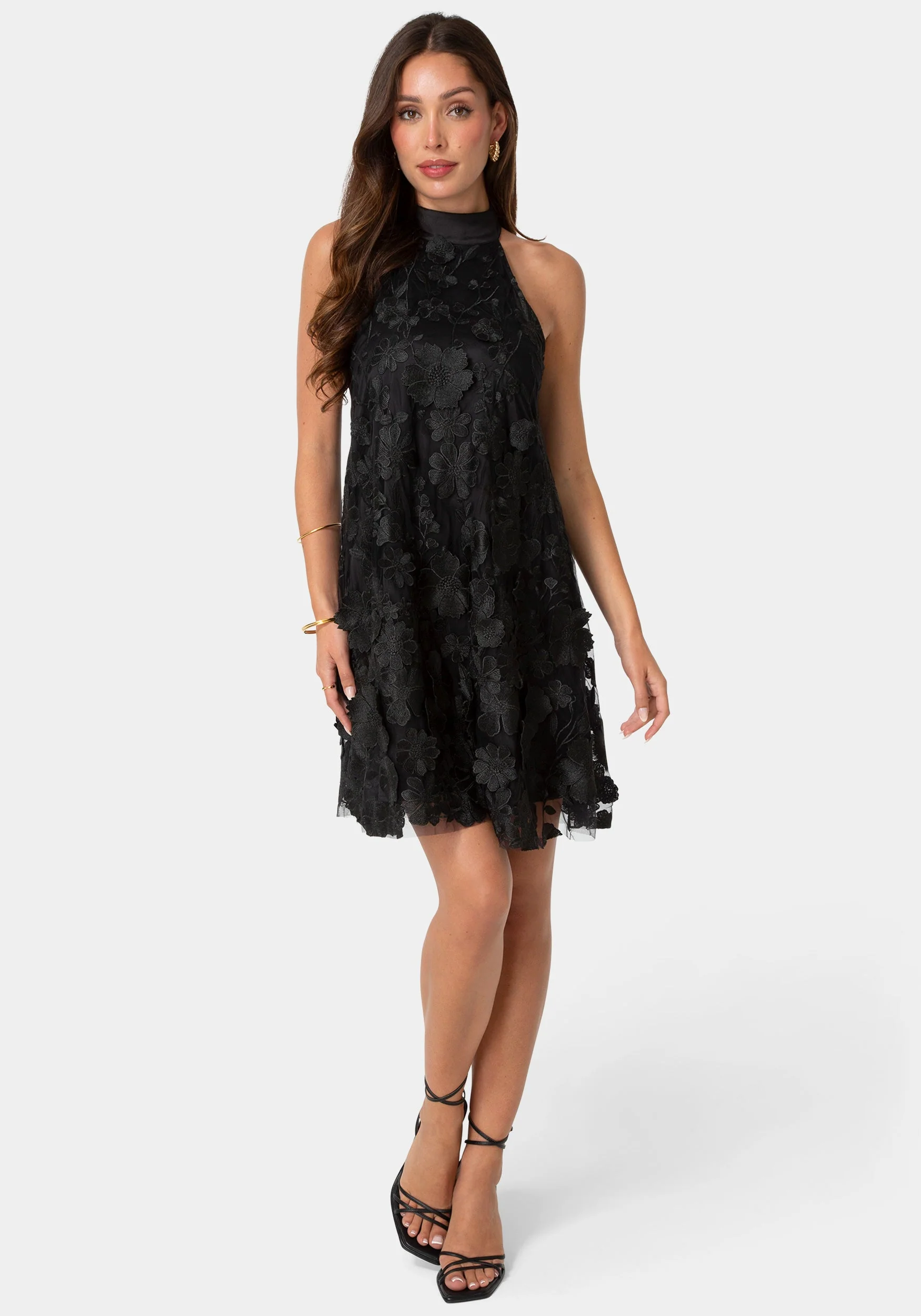 Floral Embroidered Halter Swing Dress