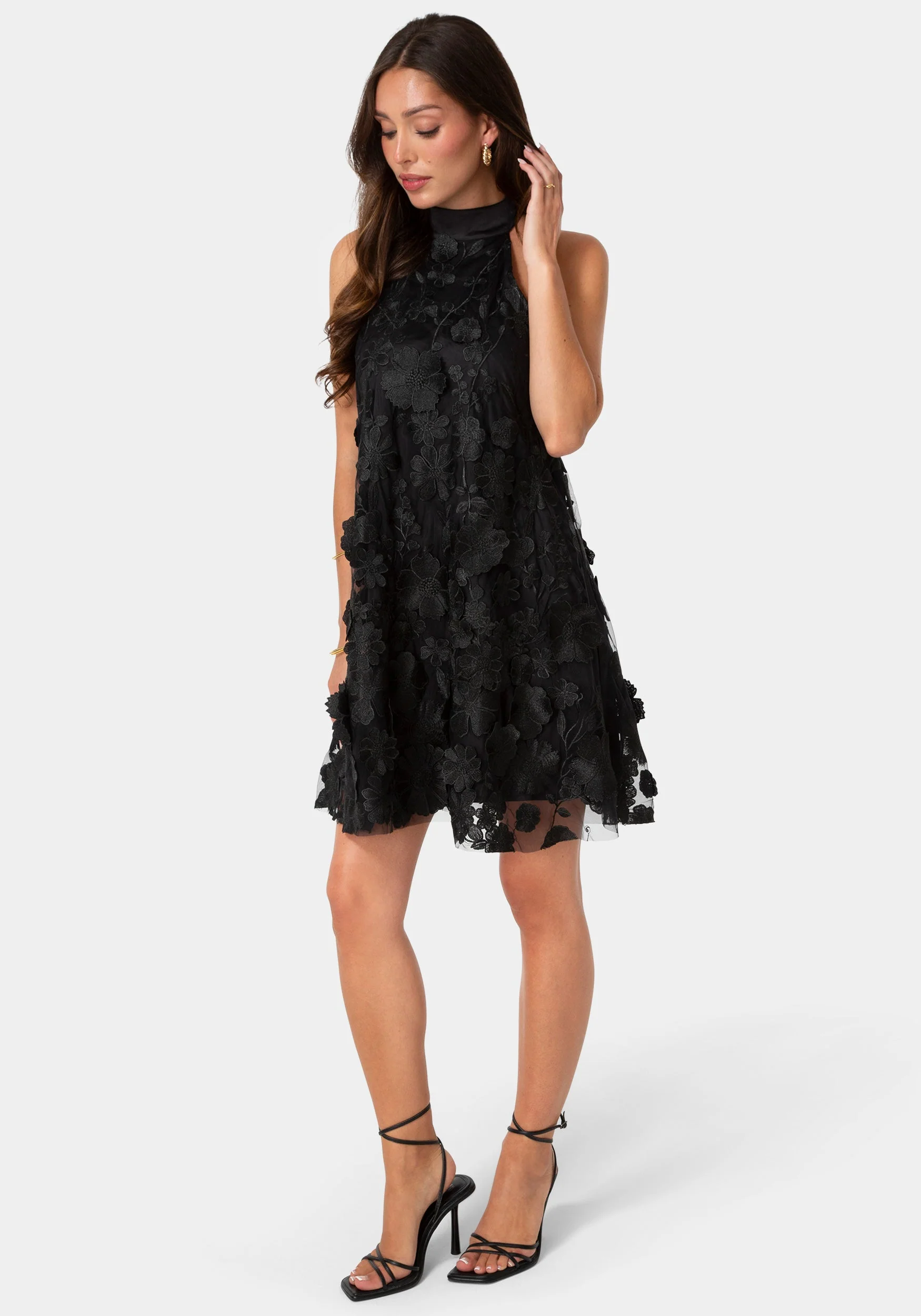Floral Embroidered Halter Swing Dress