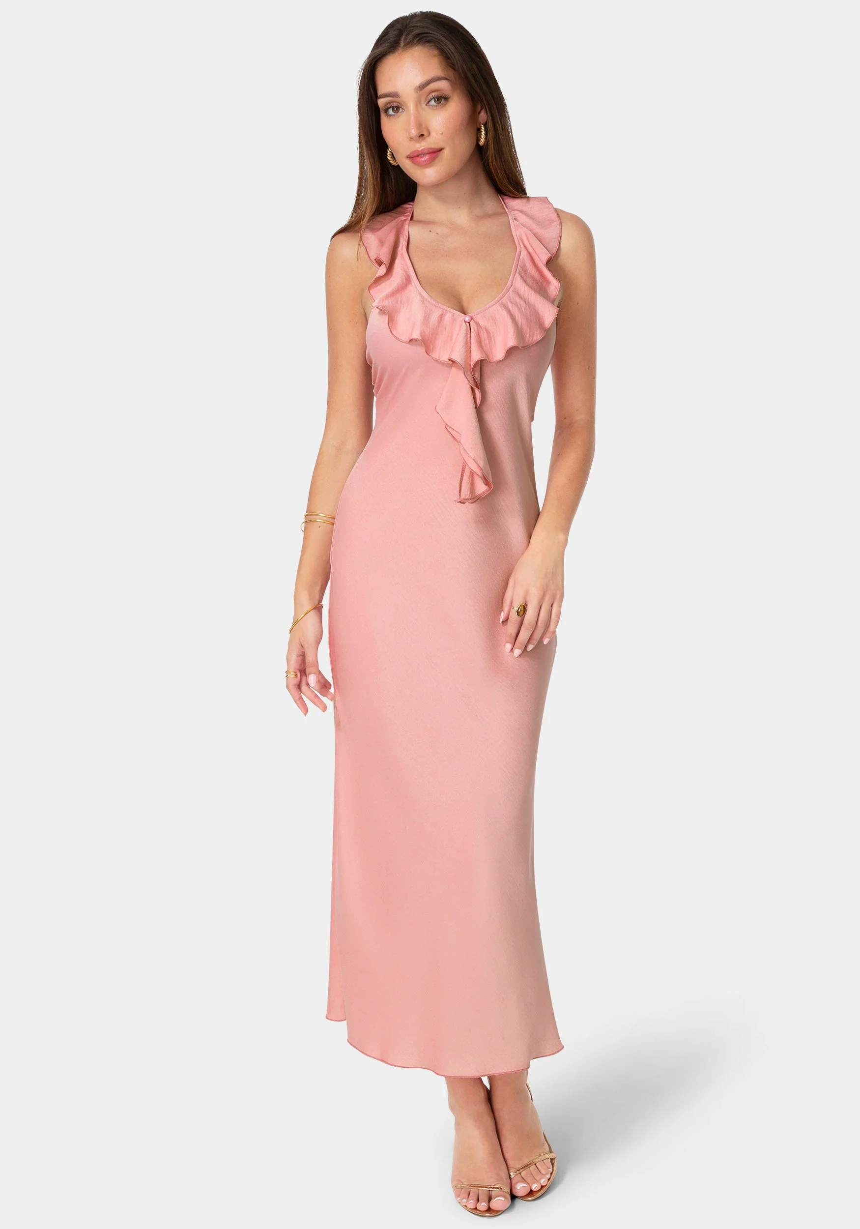 2003-crushed-satin-ruffle-halter-maxi-dress-1.webp Crushed Satin Ruffle Halter Maxi Dress