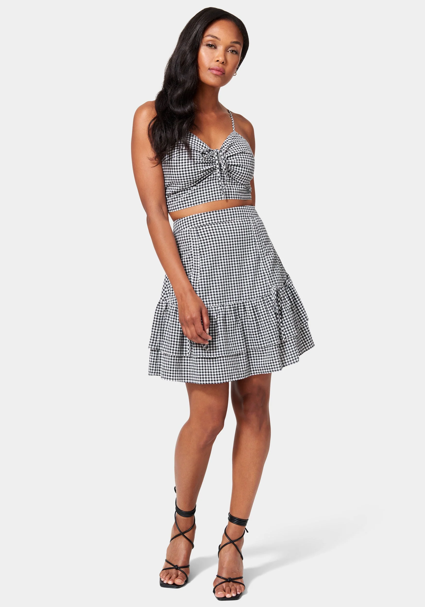 2525-mini-gingham-front-ruching-flutter-skirt-2.webp Mini Gingham Front Ruching Flutter Skirt