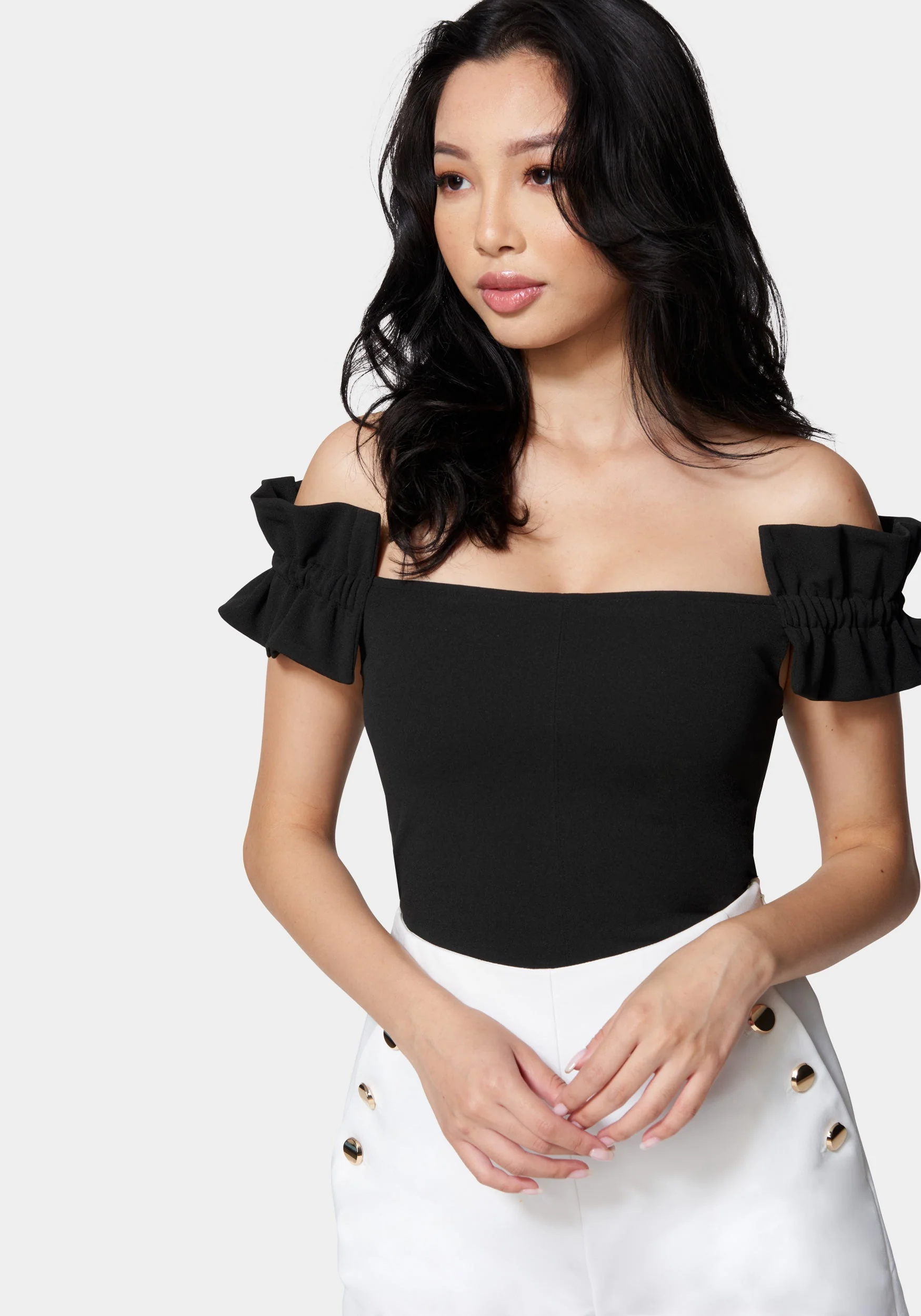 3489-knit-crepe-off-shoulder-ruffle-top-1.webp Knit Crepe Off Shoulder Ruffle Top