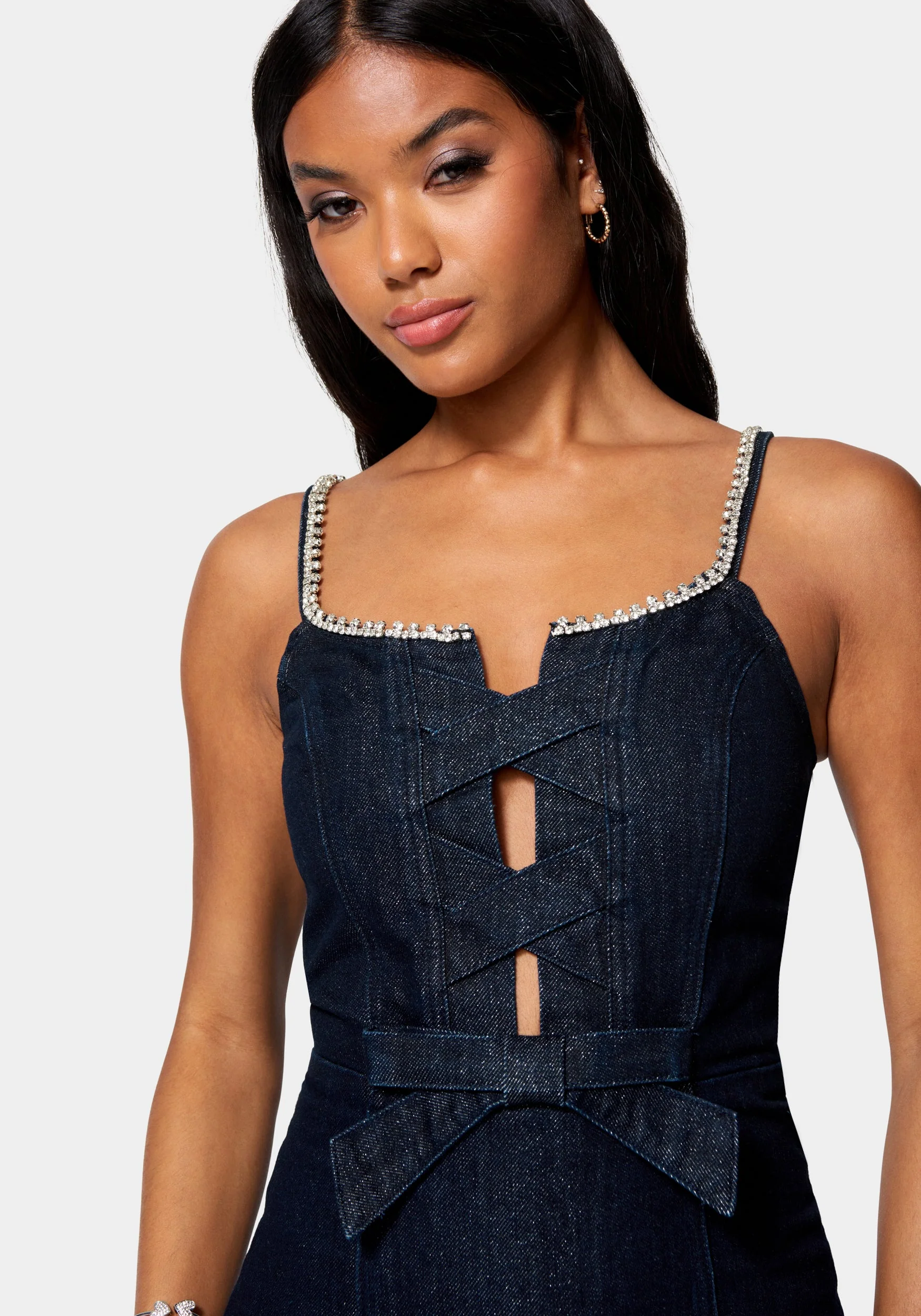 3636-bow-detail-rhinestone-strap-glitter-denim-dress-4.webp Bow Detail Rhinestone Strap Glitter Denim Dress