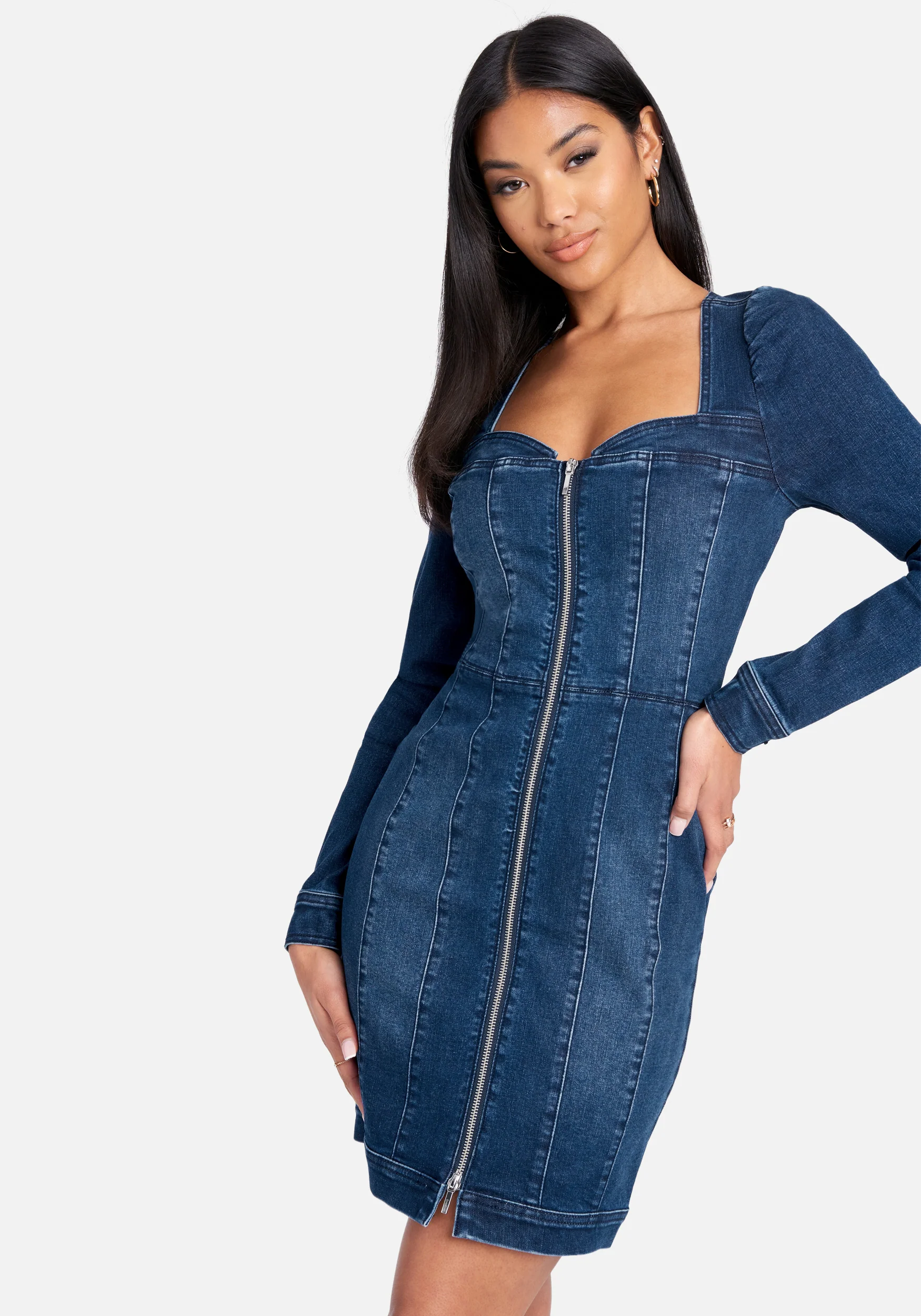 4463-long-sleeve-zip-front-bustier-denim-dress-1.webp Long Sleeve Zip Front Bustier Denim Dress