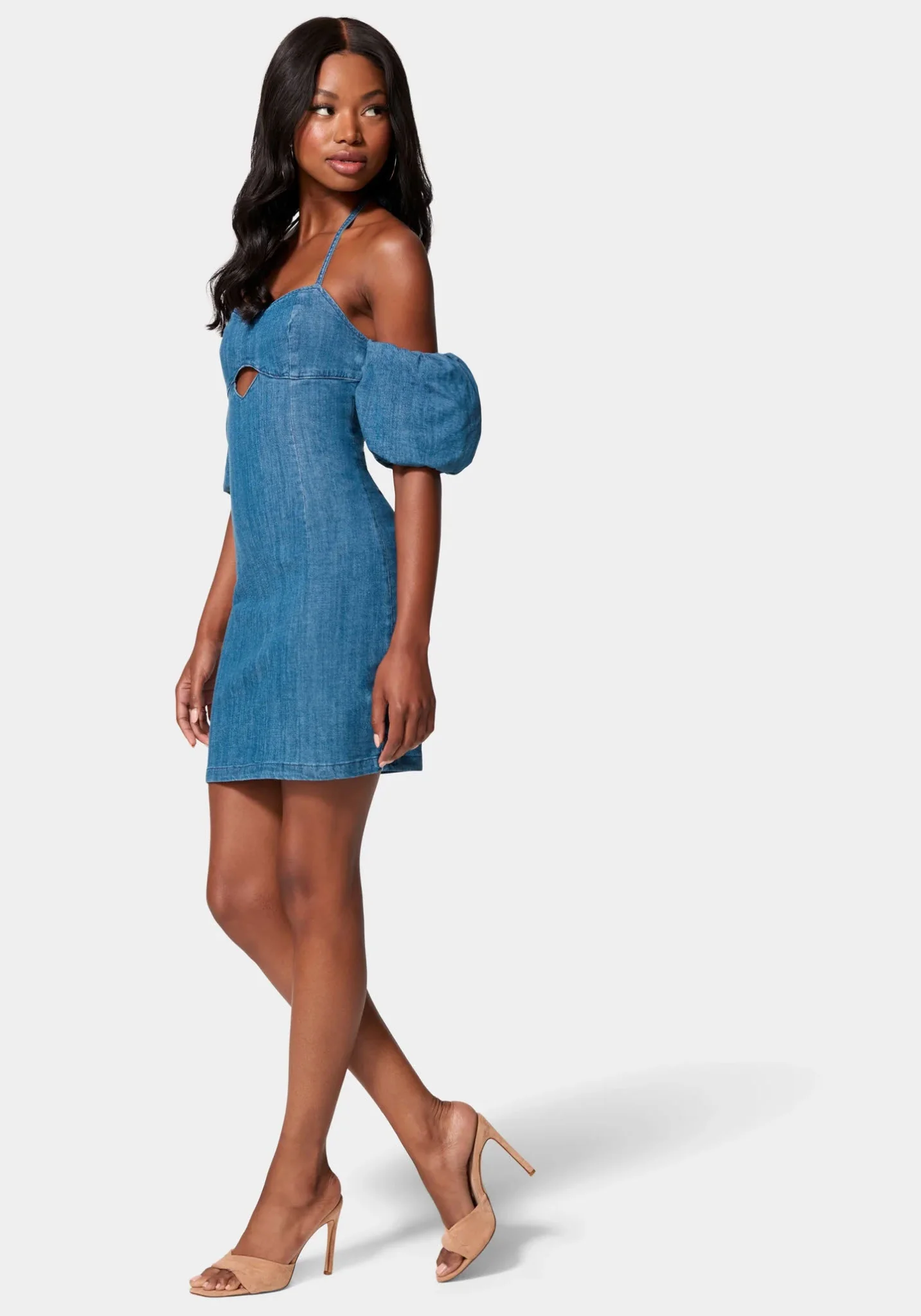 5154-off-shoulder-bubble-sleeve-denim-dress-2.webp Off Shoulder Bubble Sleeve Denim Dress