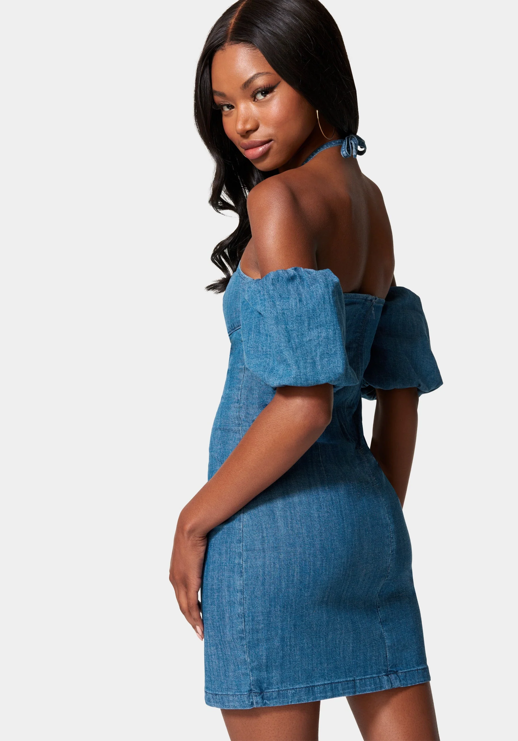 5154-off-shoulder-bubble-sleeve-denim-dress-3.webp Off Shoulder Bubble Sleeve Denim Dress