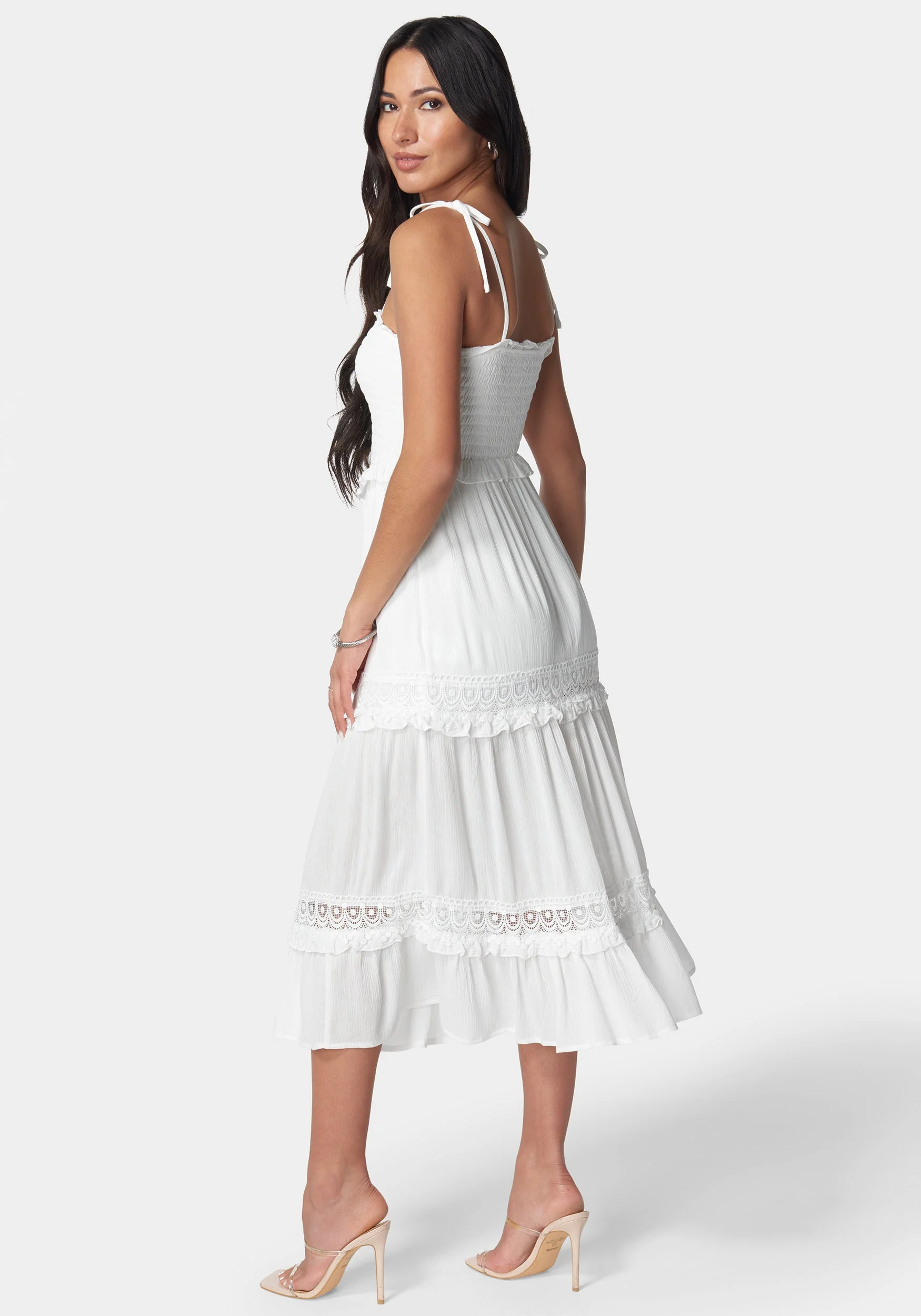 Lace Inset Smocked Midi Dress