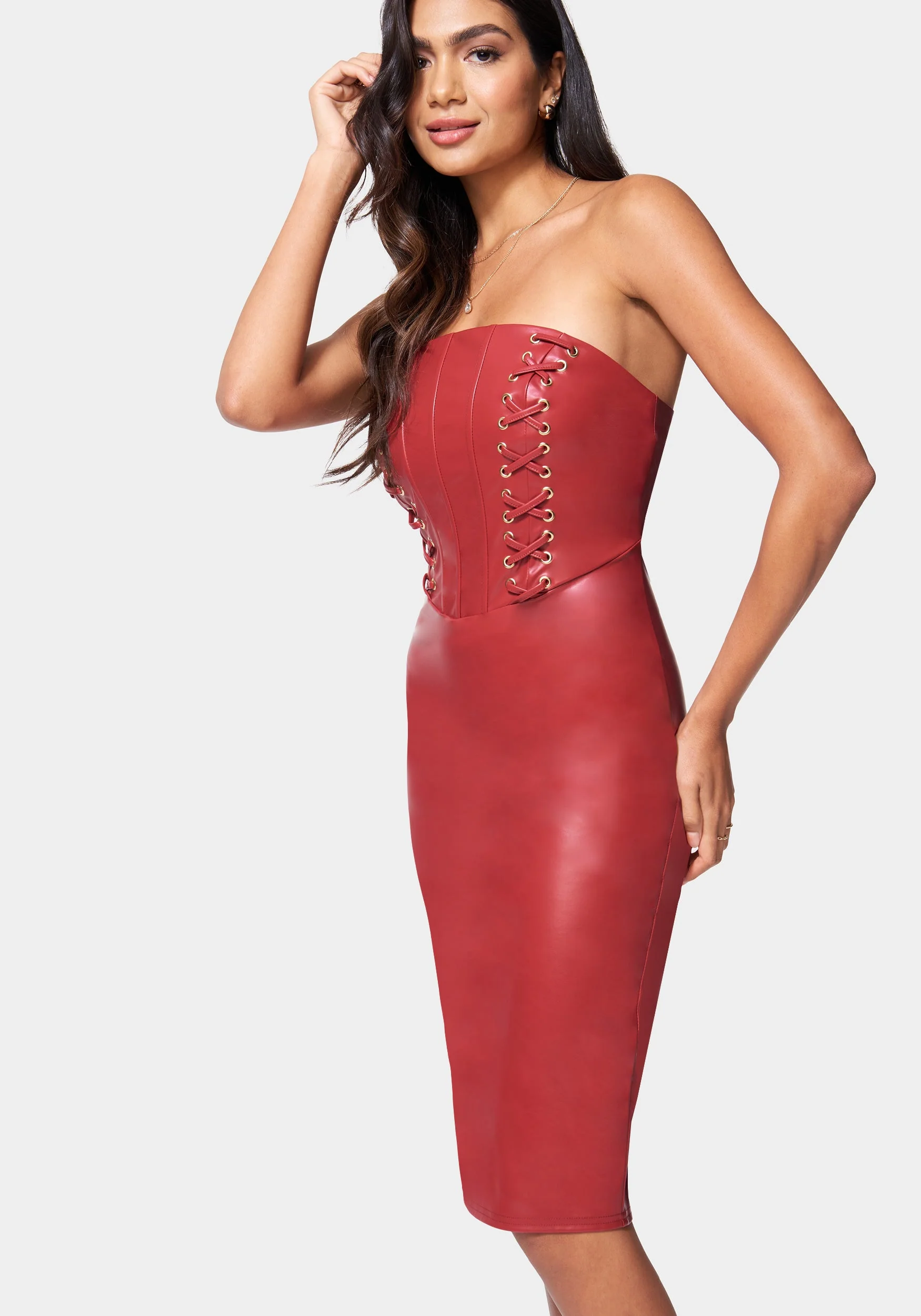 6794-vegan-leather-strapless-corset-midi-dress-2.webp Vegan Leather Strapless Corset Midi Dress