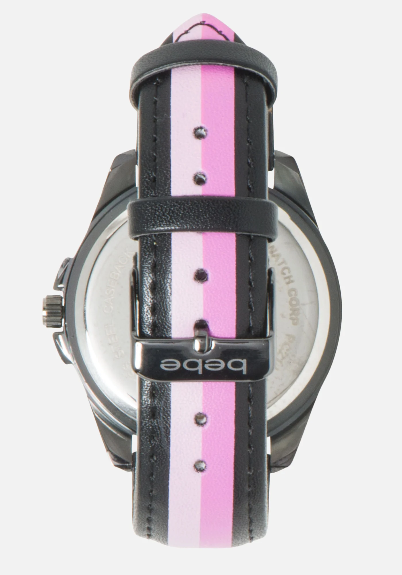 Black Crystal Bebe Logo Stripe Band Watch