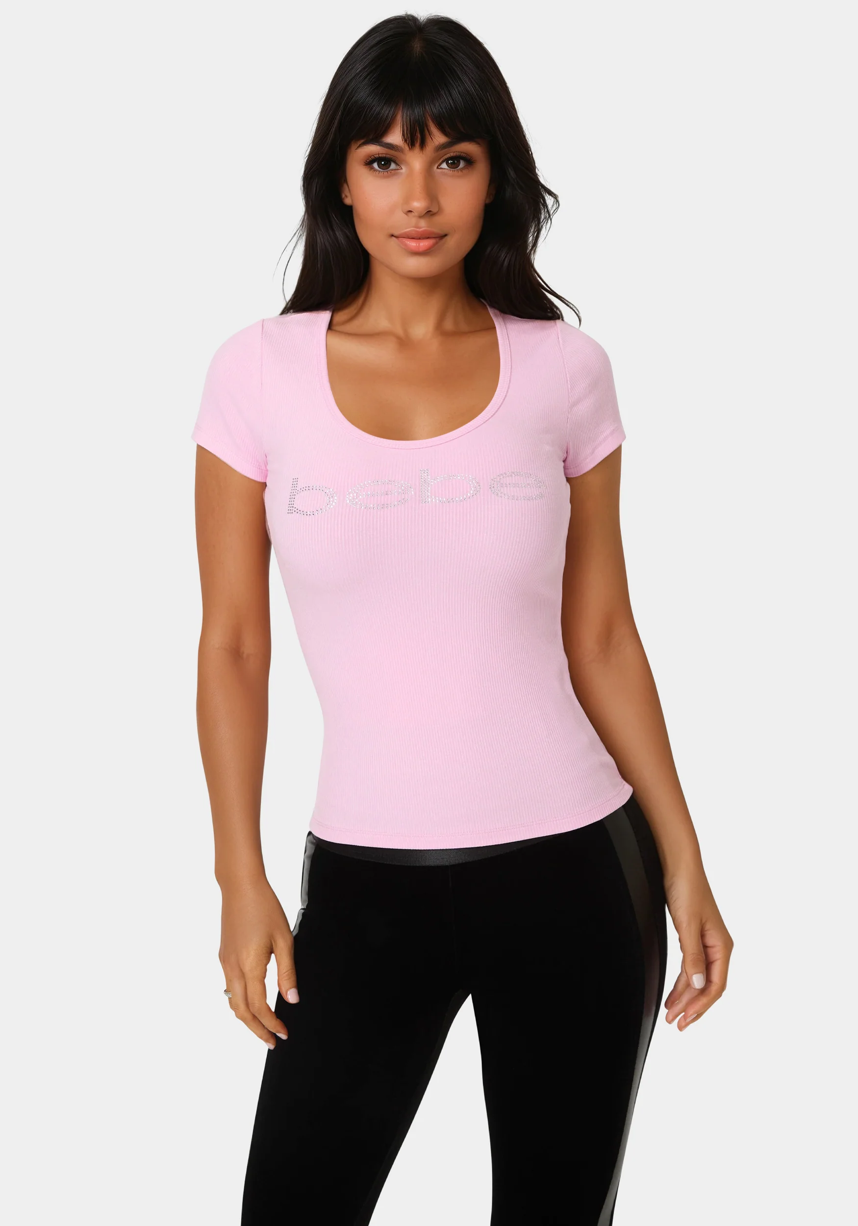 8291-bebe-logo-short-sleeve-round-neck-rib-top-1.webp Bebe Logo Short Sleeve Round Neck Rib Top