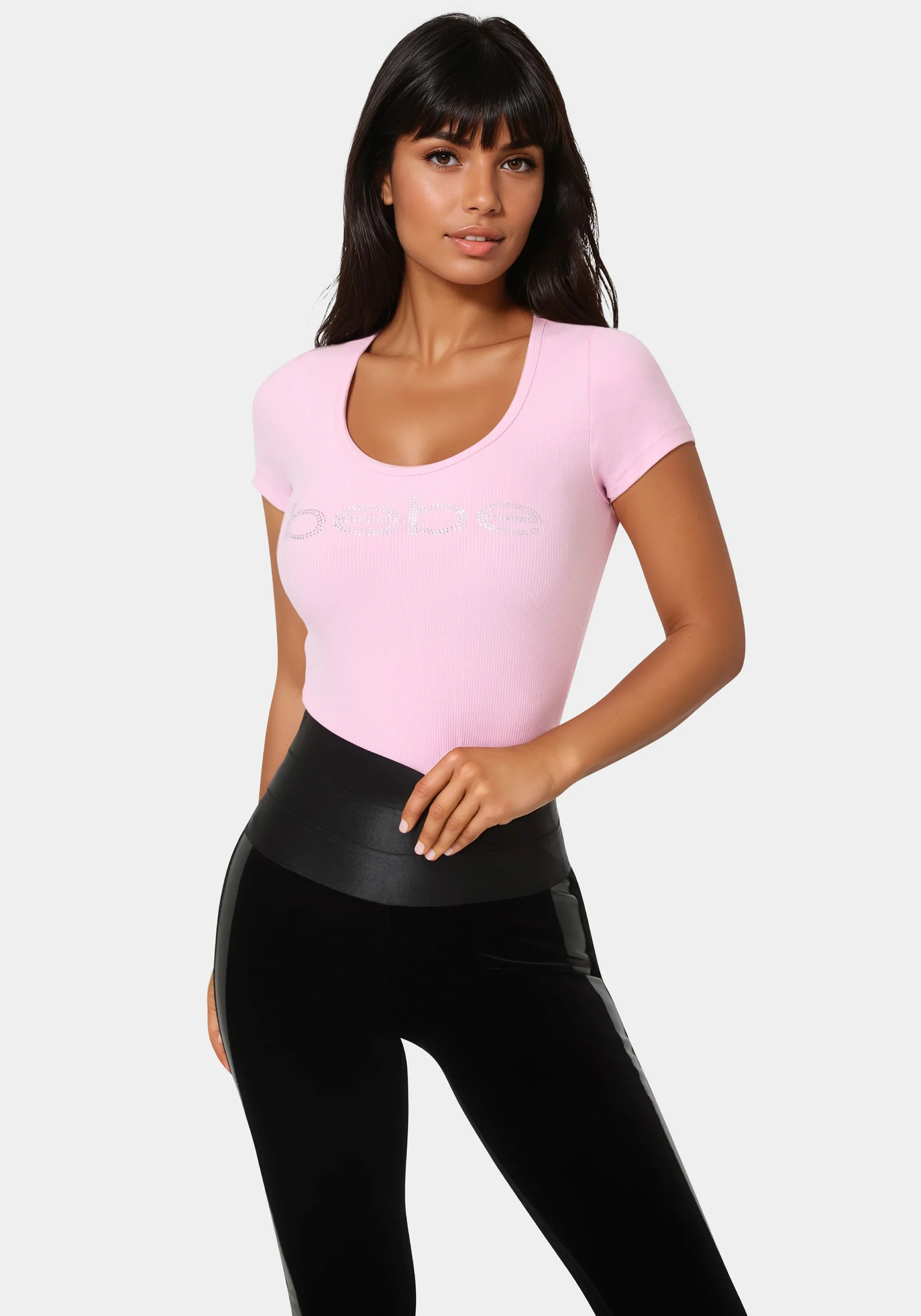 Bebe Logo Short Sleeve Round Neck Rib Top
