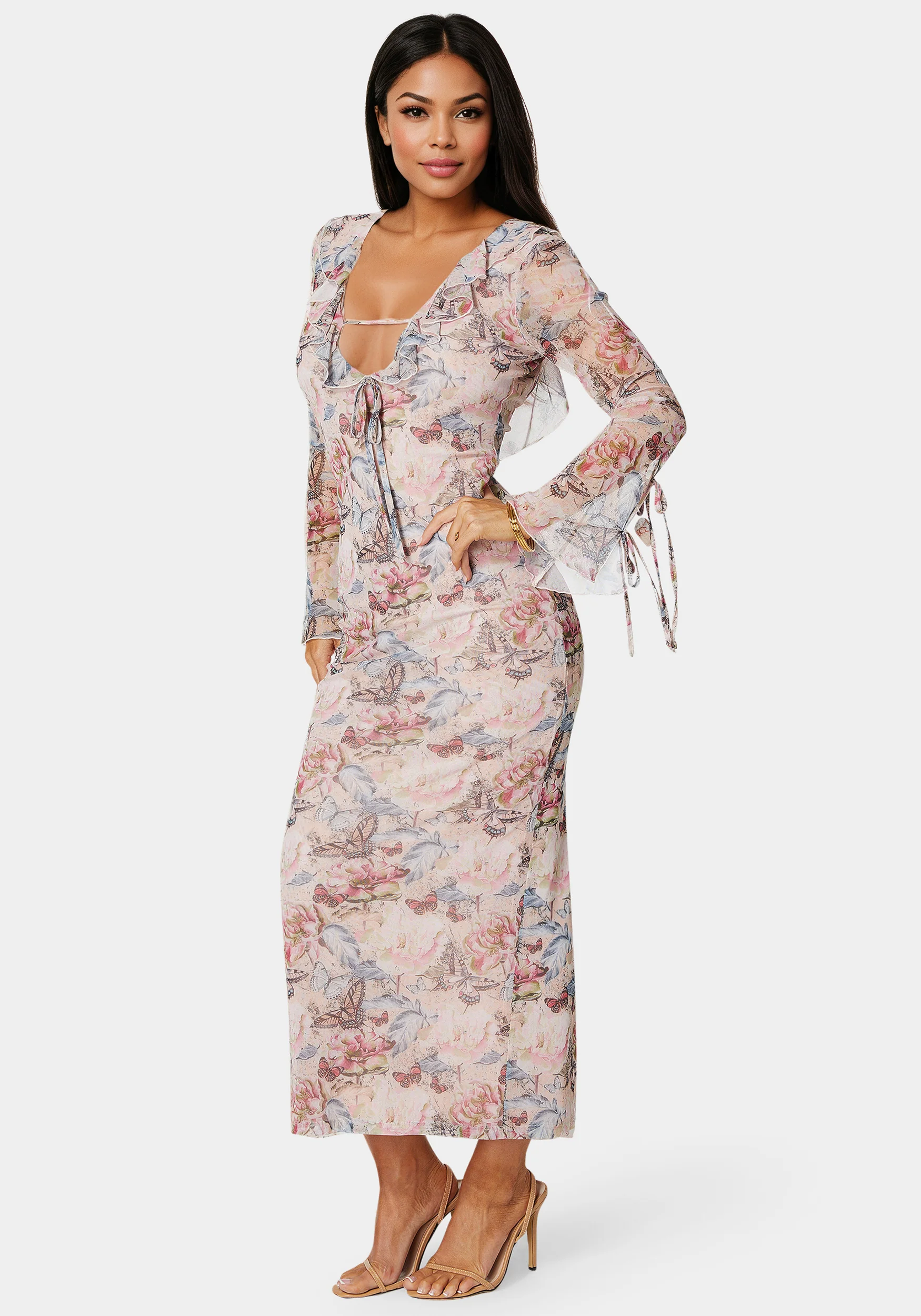 Ruffle Detail Mesh Maxi Dress
