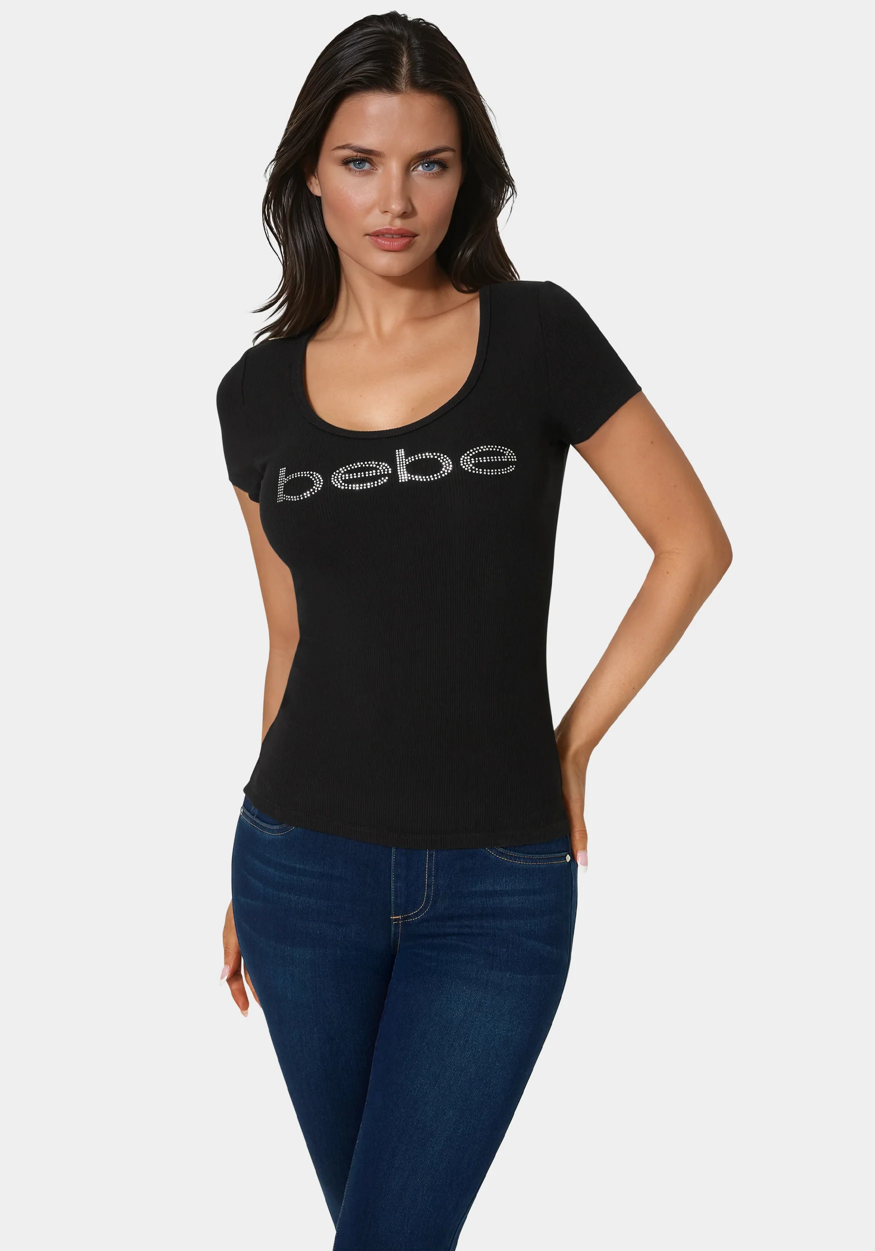 8367-bebe-logo-short-sleeve-round-neck-rib-top-1.webp Bebe Logo Short Sleeve Round Neck Rib Top