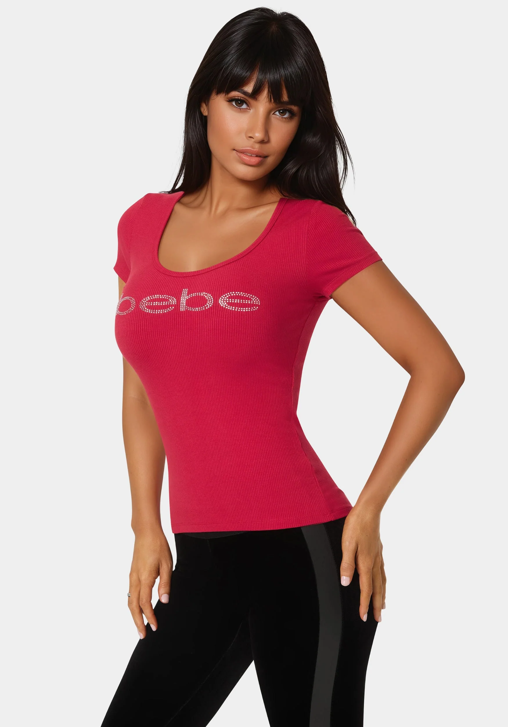 Bebe Logo Short Sleeve Round Neck Rib Top