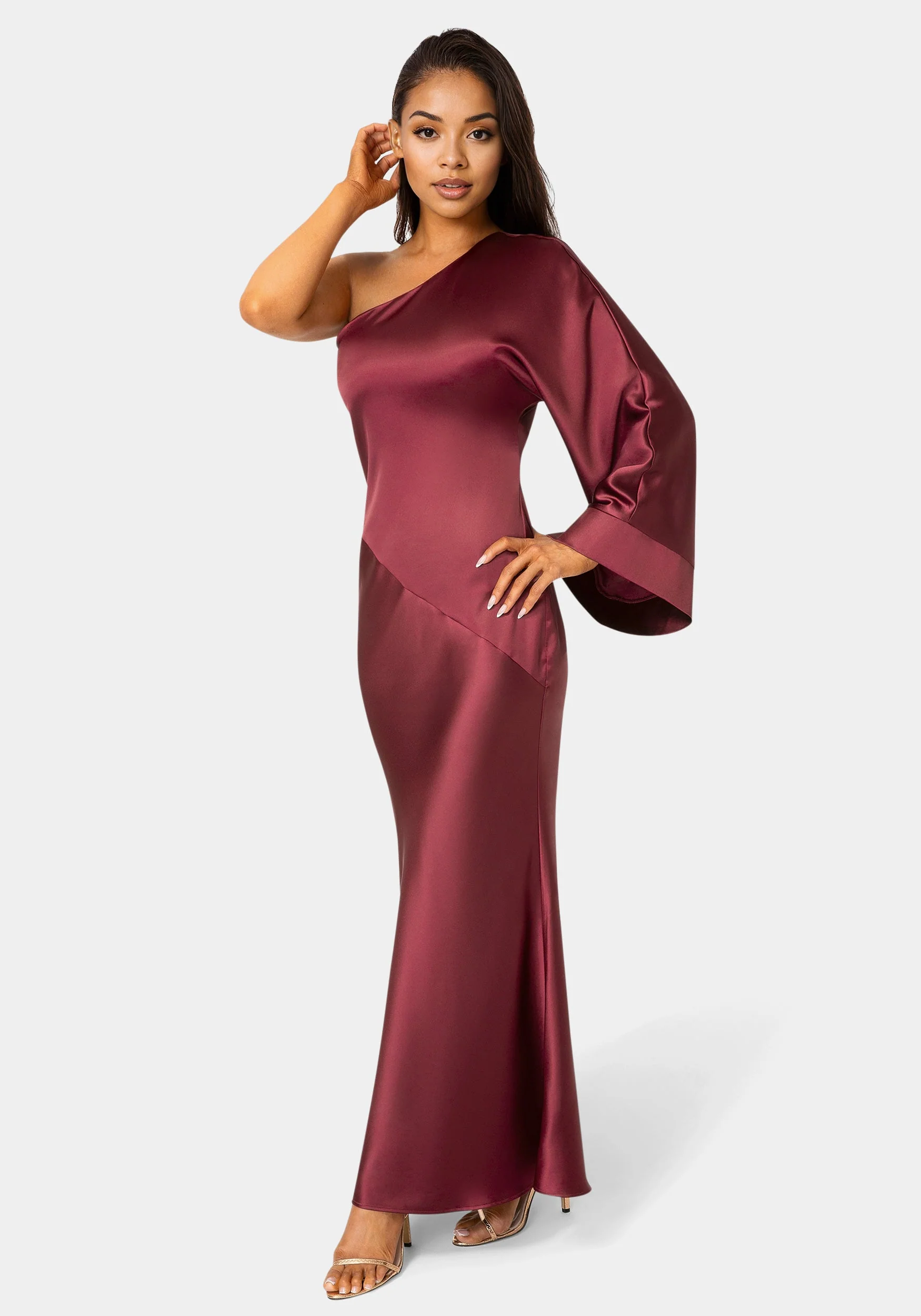 One Shoulder Bell Sleeve Satin Maxi Dress