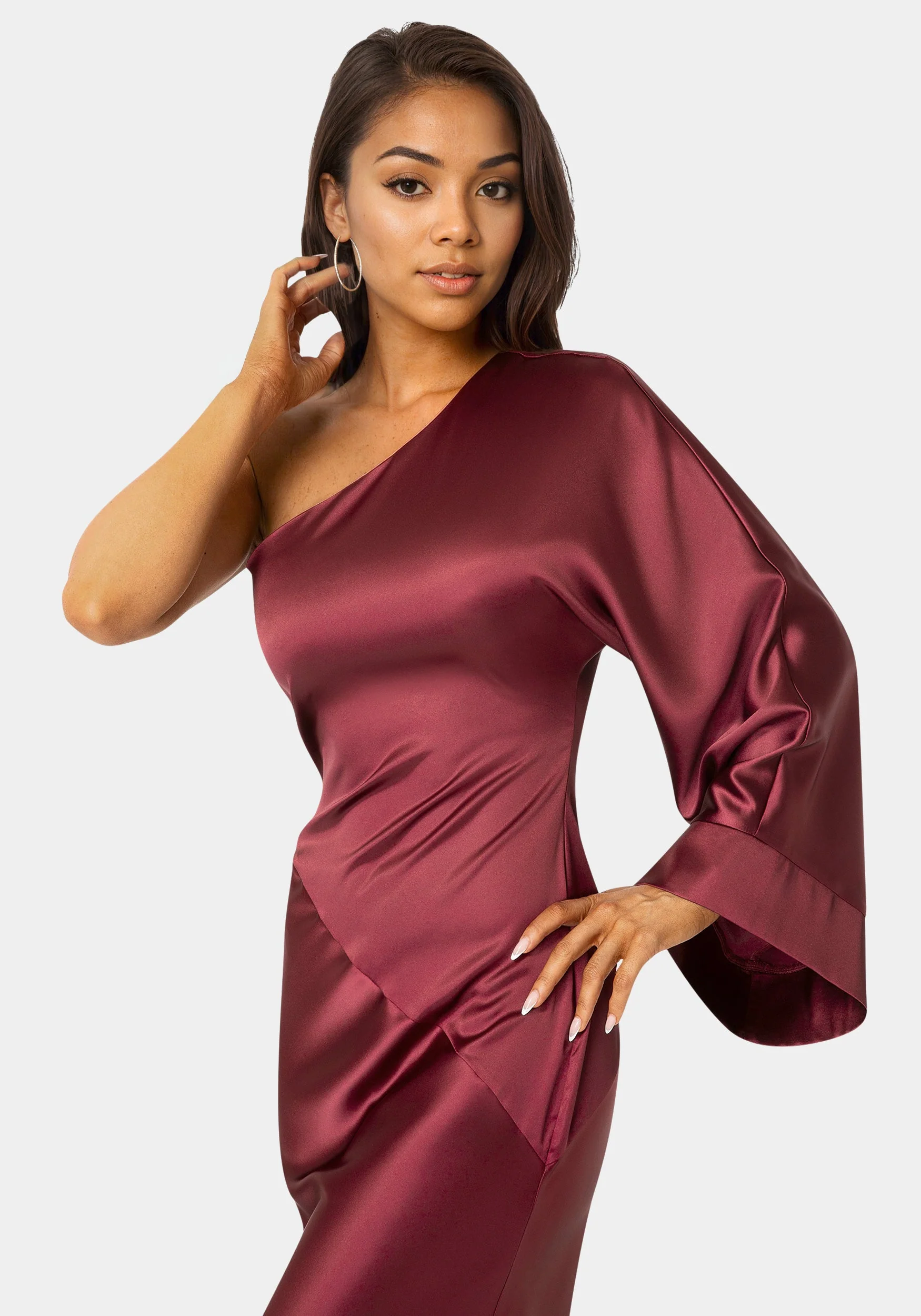 One Shoulder Bell Sleeve Satin Maxi Dress
