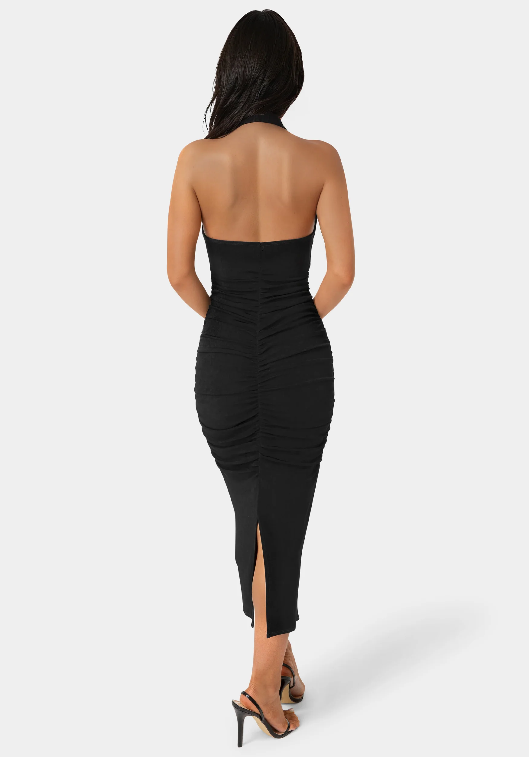 Slinky Shirred Halter Maxi Dress