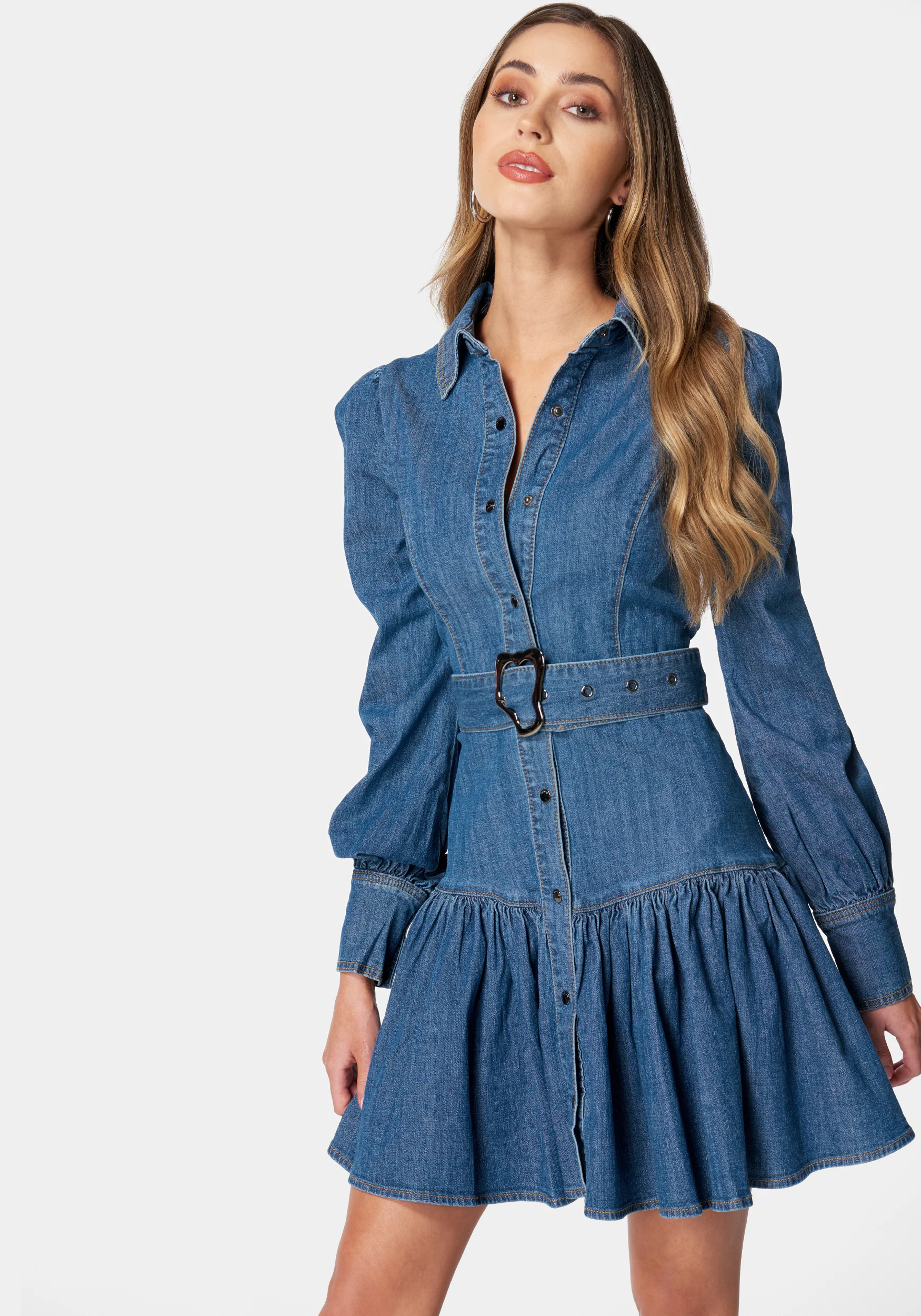 9427-balloon-sleeves-fit-and-flare-denim-dress-2.webp Balloon Sleeves Fit And Flare Denim Dress