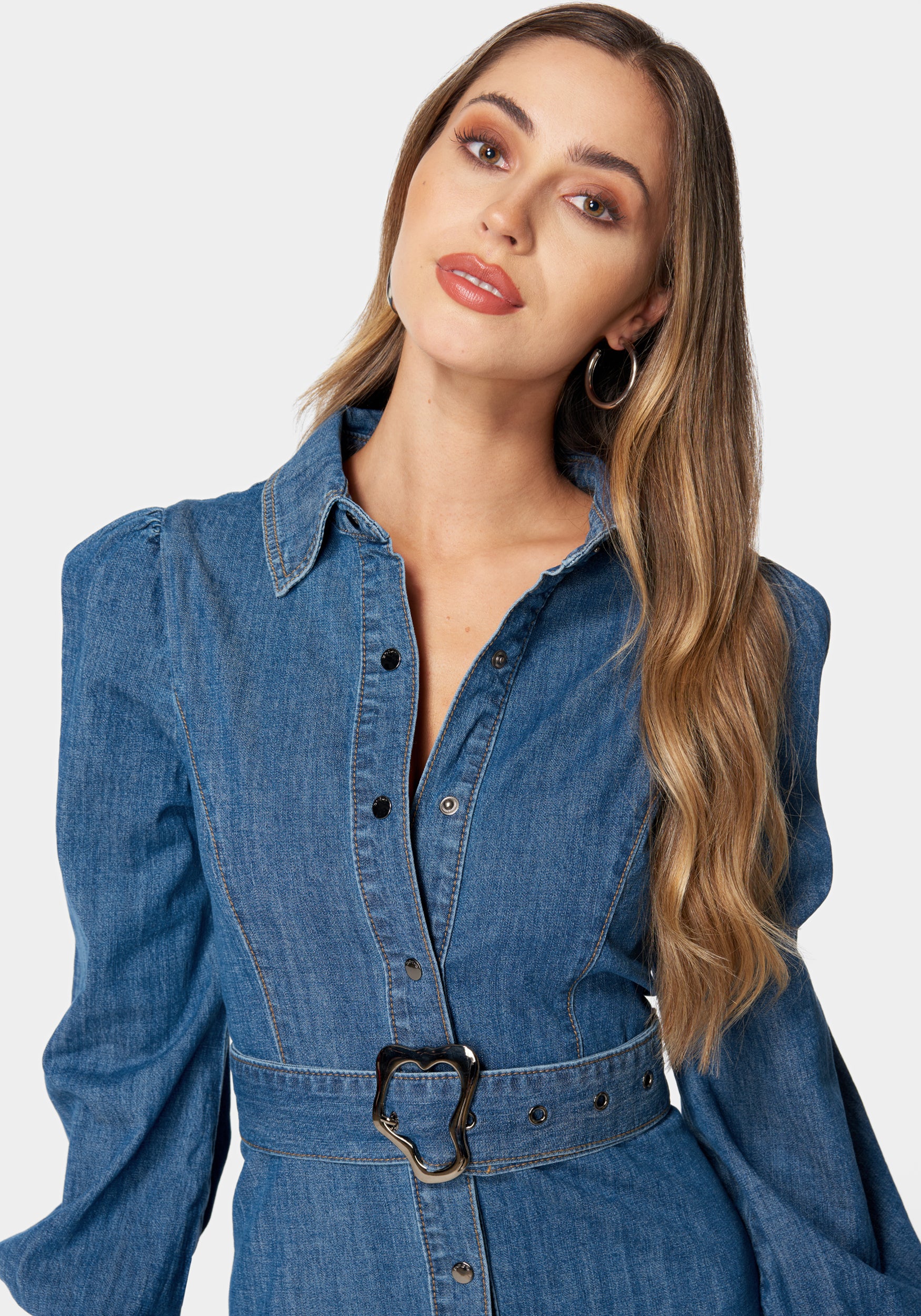 9427-balloon-sleeves-fit-and-flare-denim-dress-4.jpg Balloon Sleeves Fit And Flare Denim Dress
