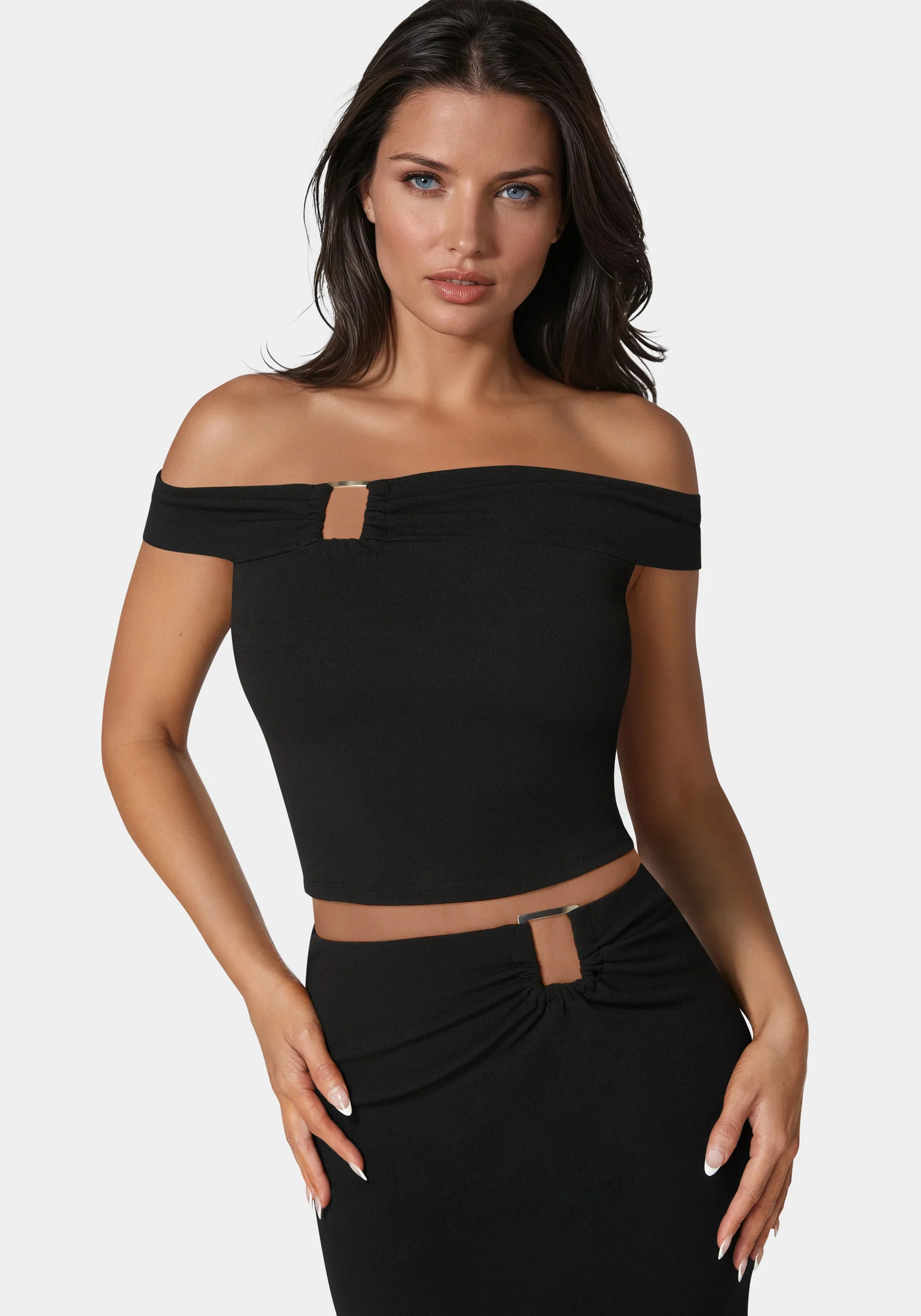 9457-off-shoulder-metal-trim-top-and-skirt-1.webp Off Shoulder Metal Trim Top And Skirt