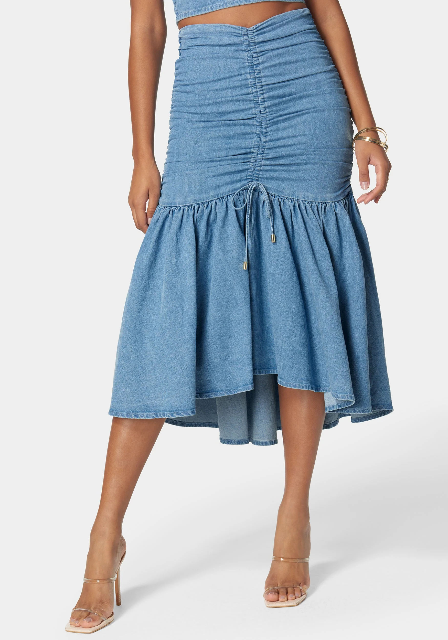 9590-ruched-drawcord-hi-lo-flared-hem-denim-skirt-1.webp Ruched Drawcord Hi Lo Flared Hem Denim Skirt