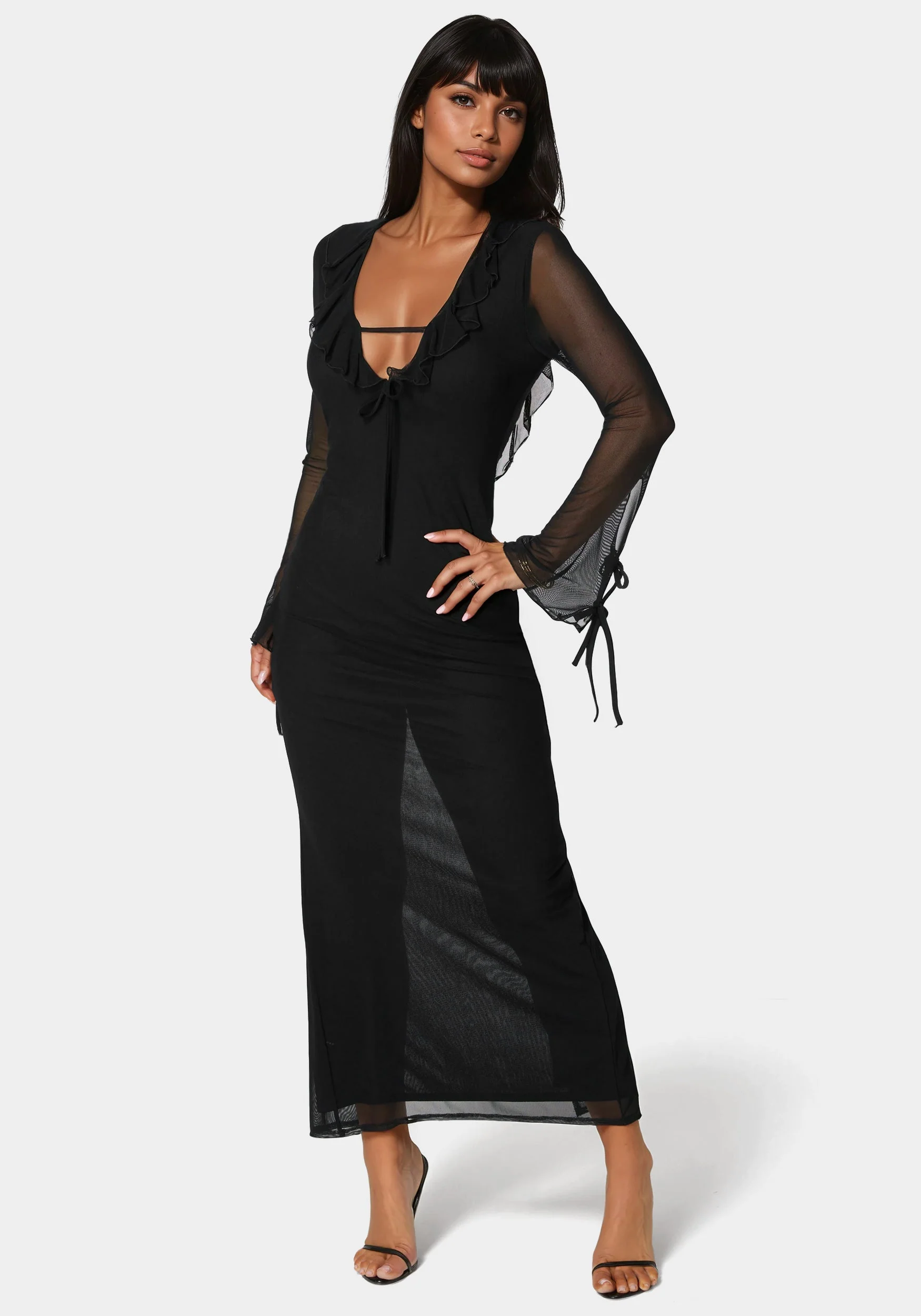 Ruffle Detail Mesh Maxi Dress