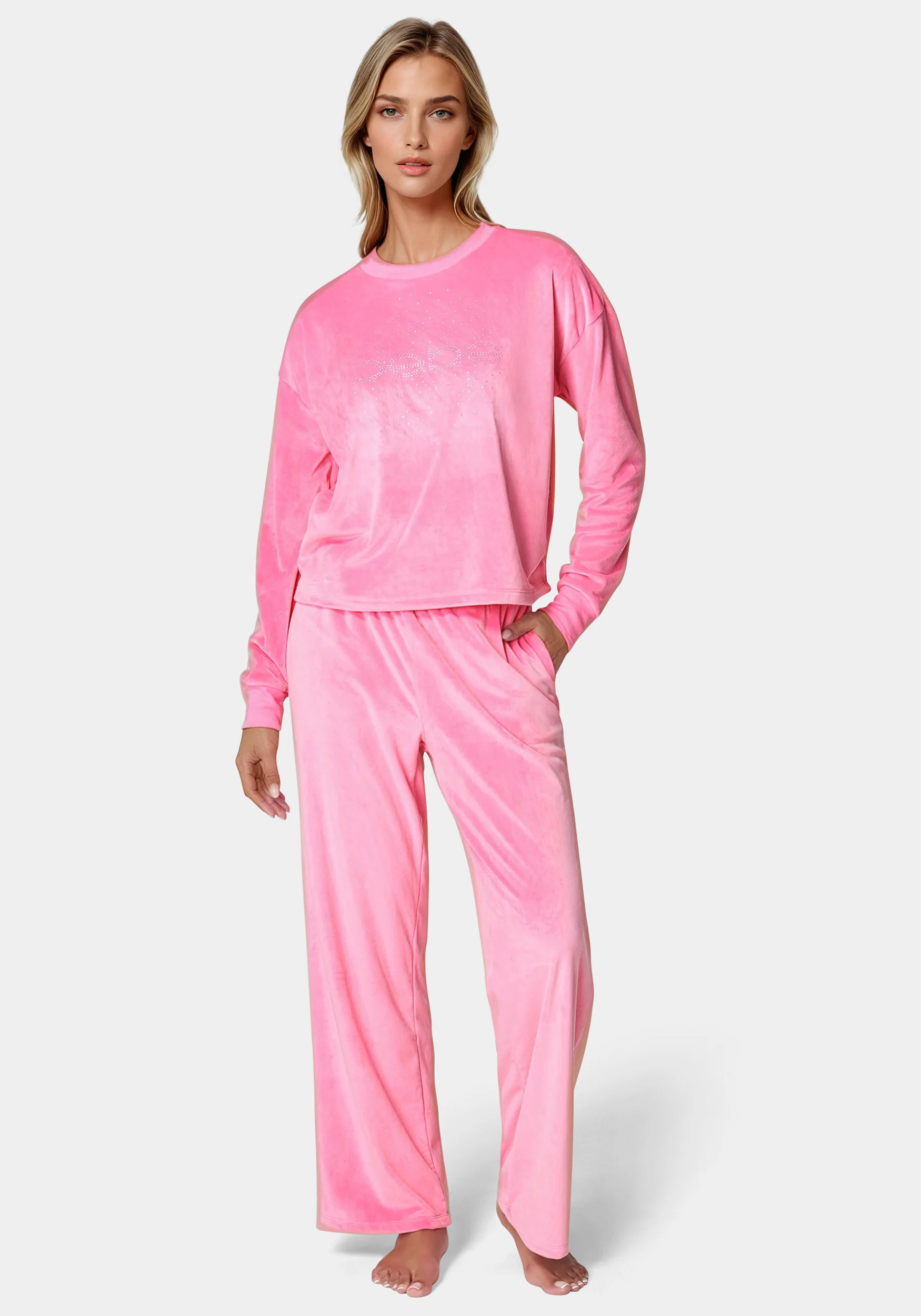 2pc Velour Lounge Pajama Set with Rhinestones